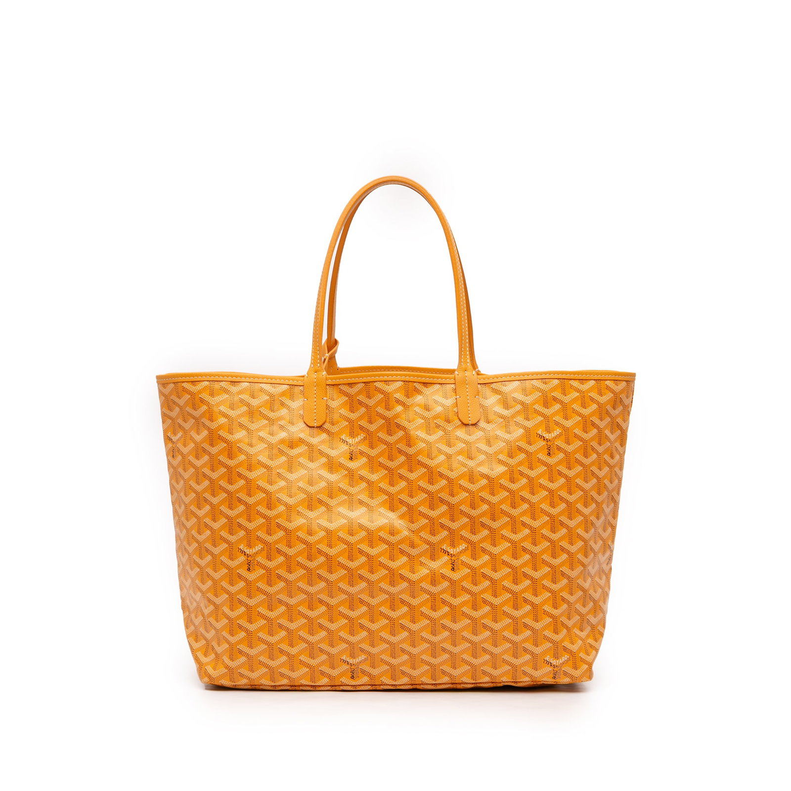 Goyard Saint Louis PM Yellow Coated Canvas Tote: Goyard Saint Louis PM Yellow Coated Canvas Tote This Goyardine Saint Louis PM bag features a coated canvas body with flat leather handles, an open top design, and a removable interior pouch. The bag i