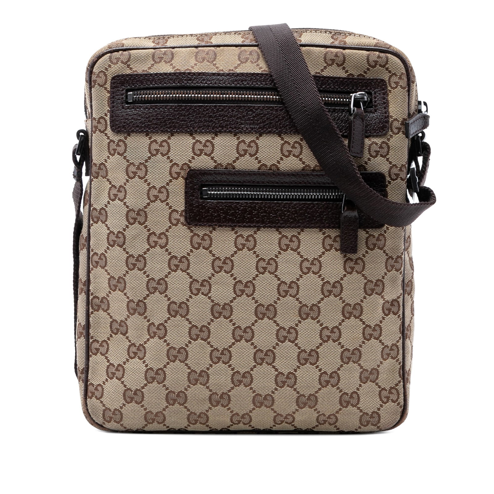 Gucci beige canvas crossbody bag GG Canvas: Gucci beige canvas crossbody bag GG Canvas This Gucci GG Canvas Crossbody bag features a beige canvas body with leather trim, an adjustable flat strap, a top zip closure, exterior front zip pockets, a