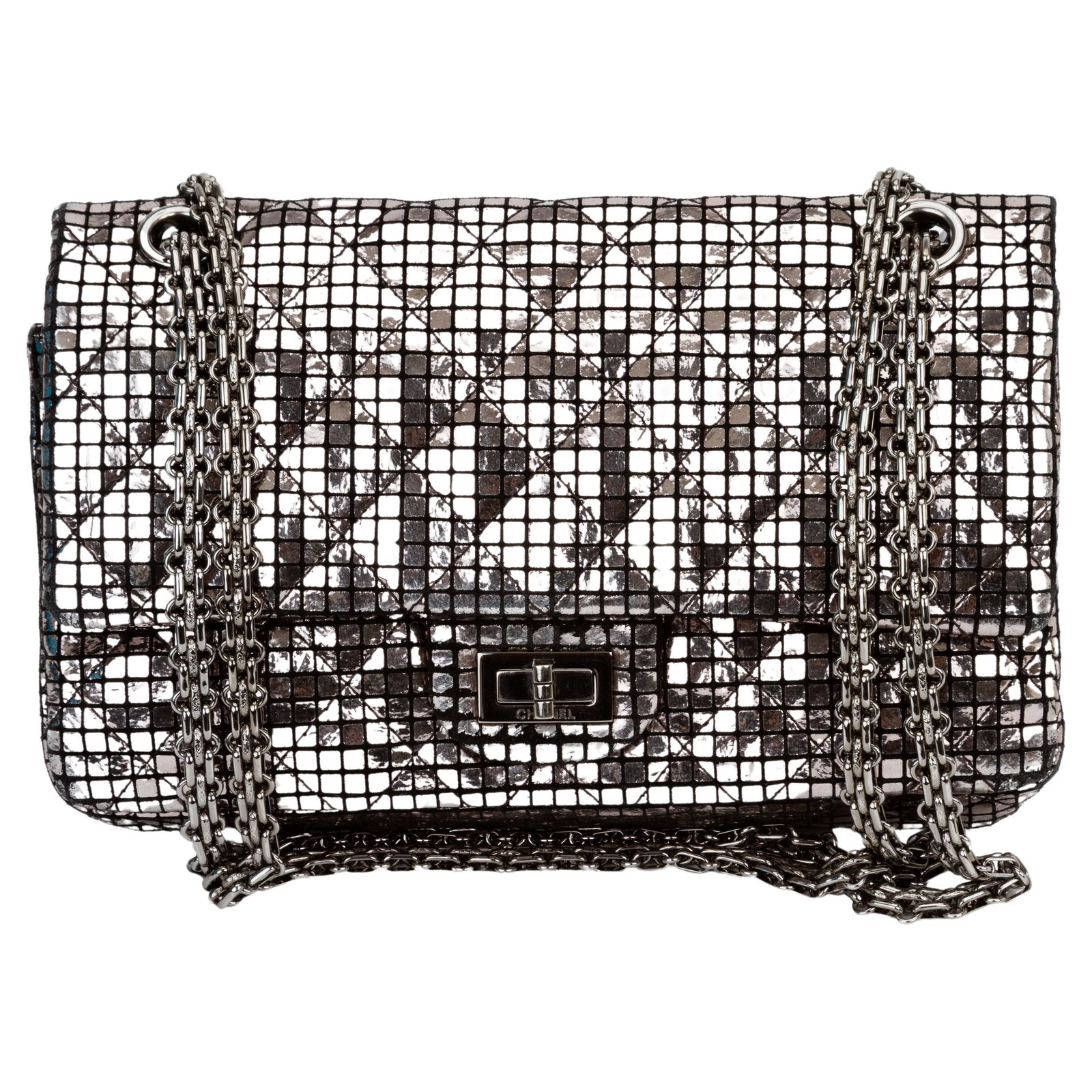 Chanel 225 Reissue Mirror Leather Flap Bag: Chanel 225 Reissue Mirror Leather Flap Bag This Chanel Mirror Reissue 225 Double Flap Bag is crafted in silver mirrored leather and accented with silver-tone hardware. It features chain-link shoulder 