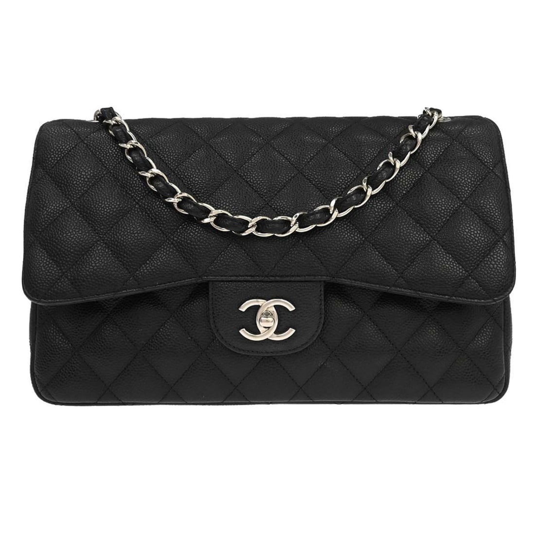 CHANEL Classic Flap Jumbo Black Calfskin Shoulder Bag: CHANEL Classic Flap Jumbo Black Calfskin Shoulder Bag This Chanel Classic Double Flap Shoulder Bag features black calfskin leather in a large size, designed with a signature turn lock closure and a ve