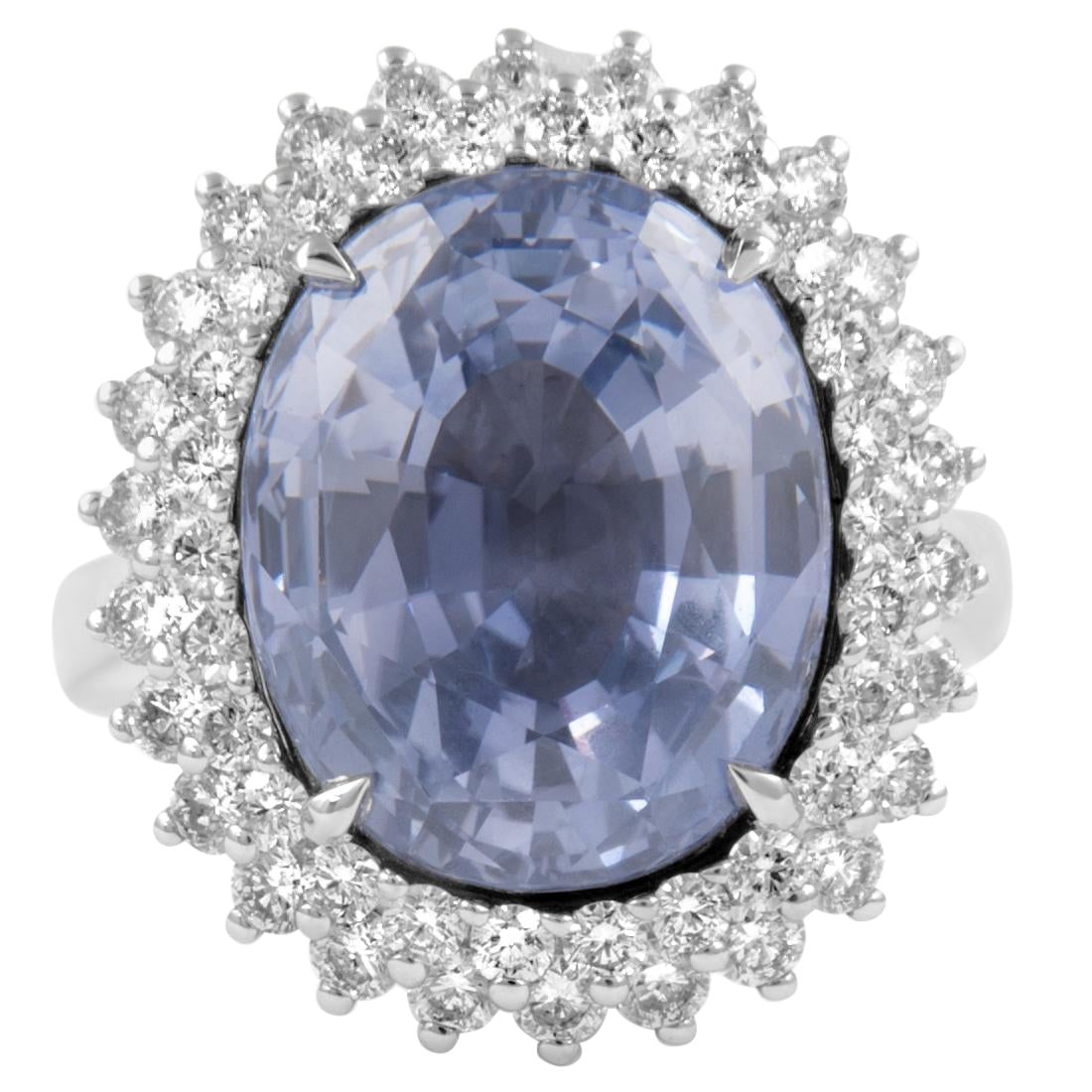 GIA 14.53ct No Heat Ceylon Sapphire Diamond Ring 18k White Gold: GIA 14.53ct No Heat Ceylon Sapphire Diamond Ring 18k White Gold This exquisite ring features a stunning unheated lavender Ceylon sapphire, weighing 14.53 carats, surrounded by a double halo of 52 roun