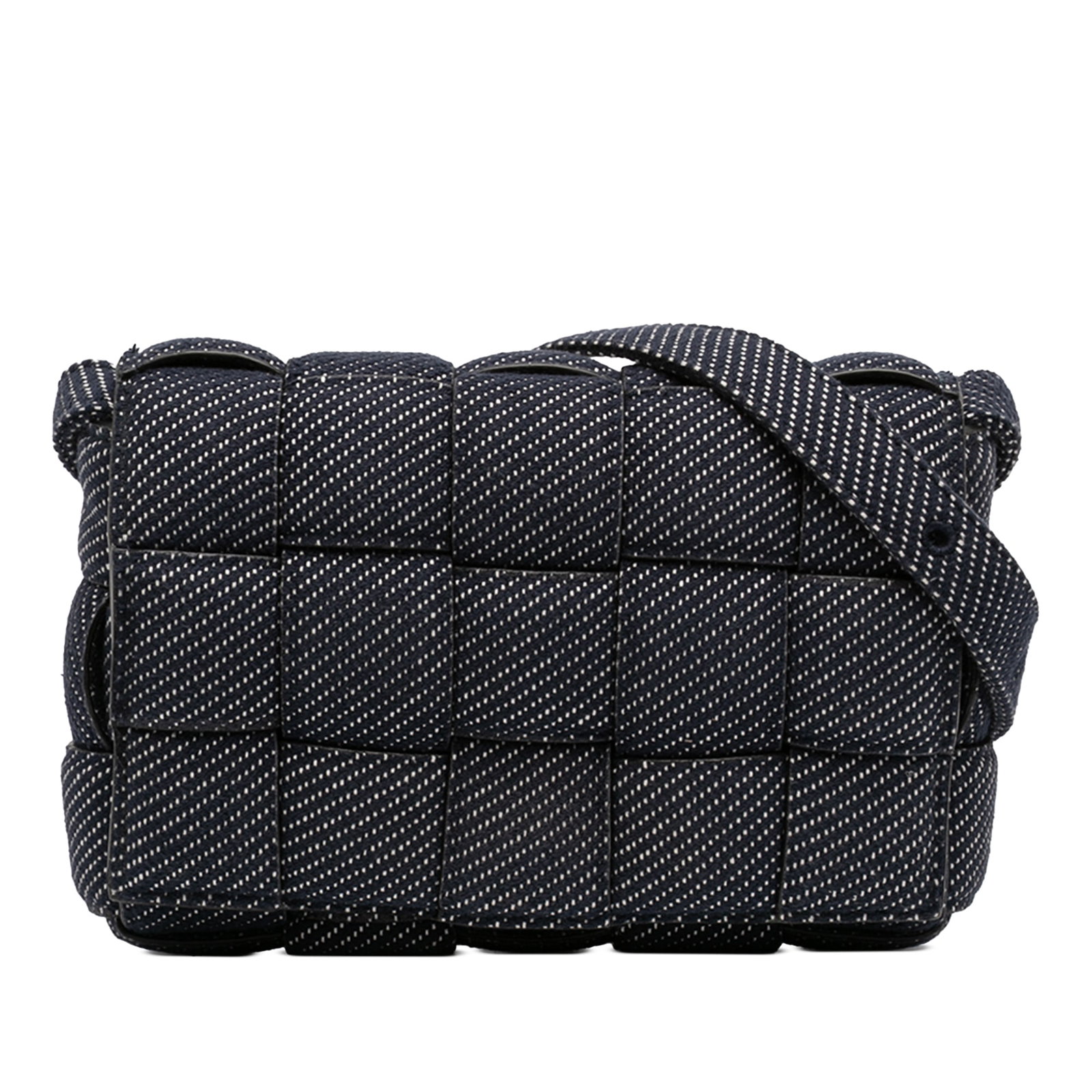 Bottega Veneta Cassette Blue Denim Padded Intrecciato Shoulder Bag: Bottega Veneta Cassette Blue Denim Padded Intrecciato Shoulder Bag This Bottega Veneta Cassette crossbody bag features the signature Intrecciato weaving in blue denim with a padded finish. It includes