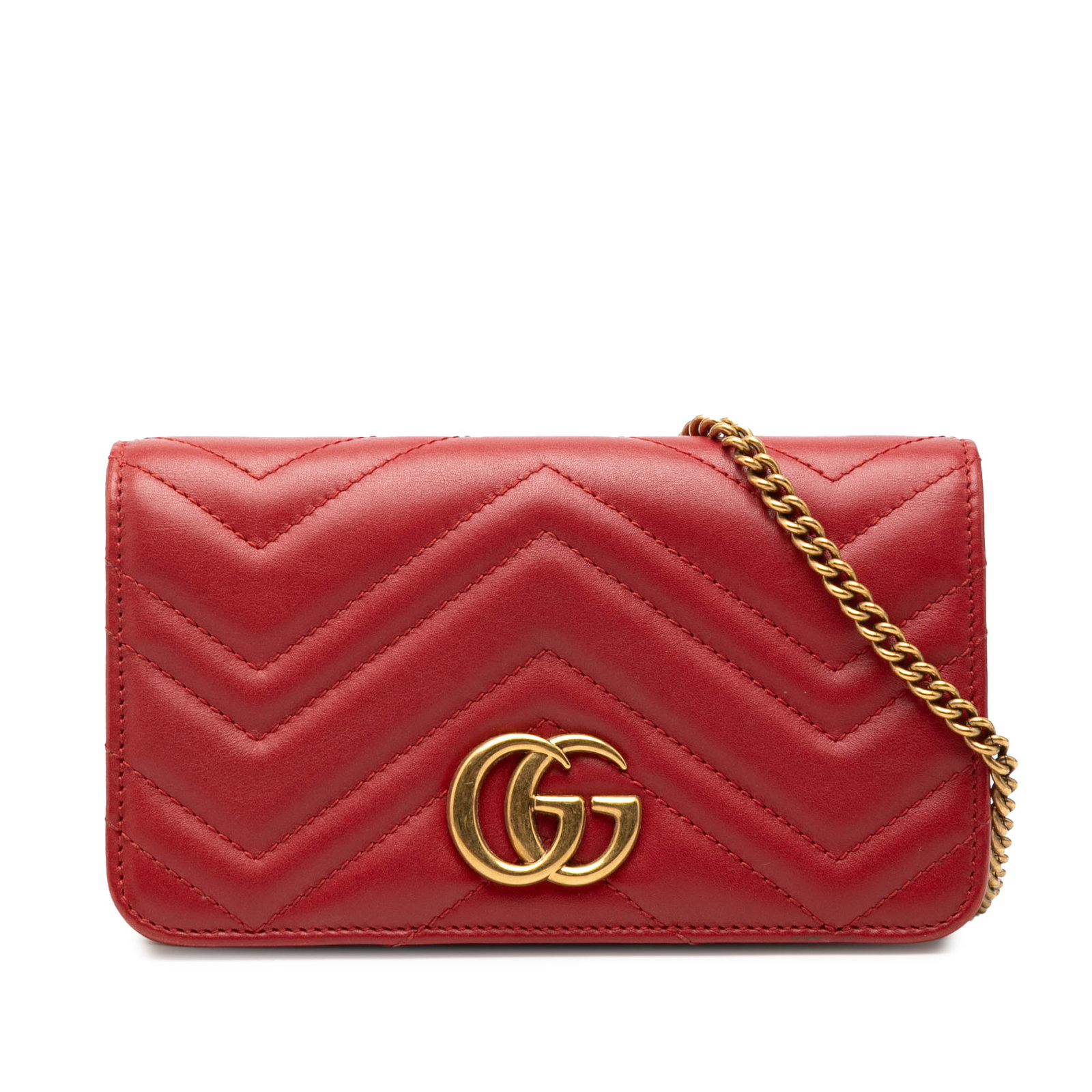 Gucci Red Matelasse Chain Crossbody Wallet: Gucci Red Matelasse Chain Crossbody Wallet This Gucci Mini GG Marmont Matelasse Calfskin Wallet On Chain is a stylish crossbody bag crafted from quilted leather in red. It features a chain link should