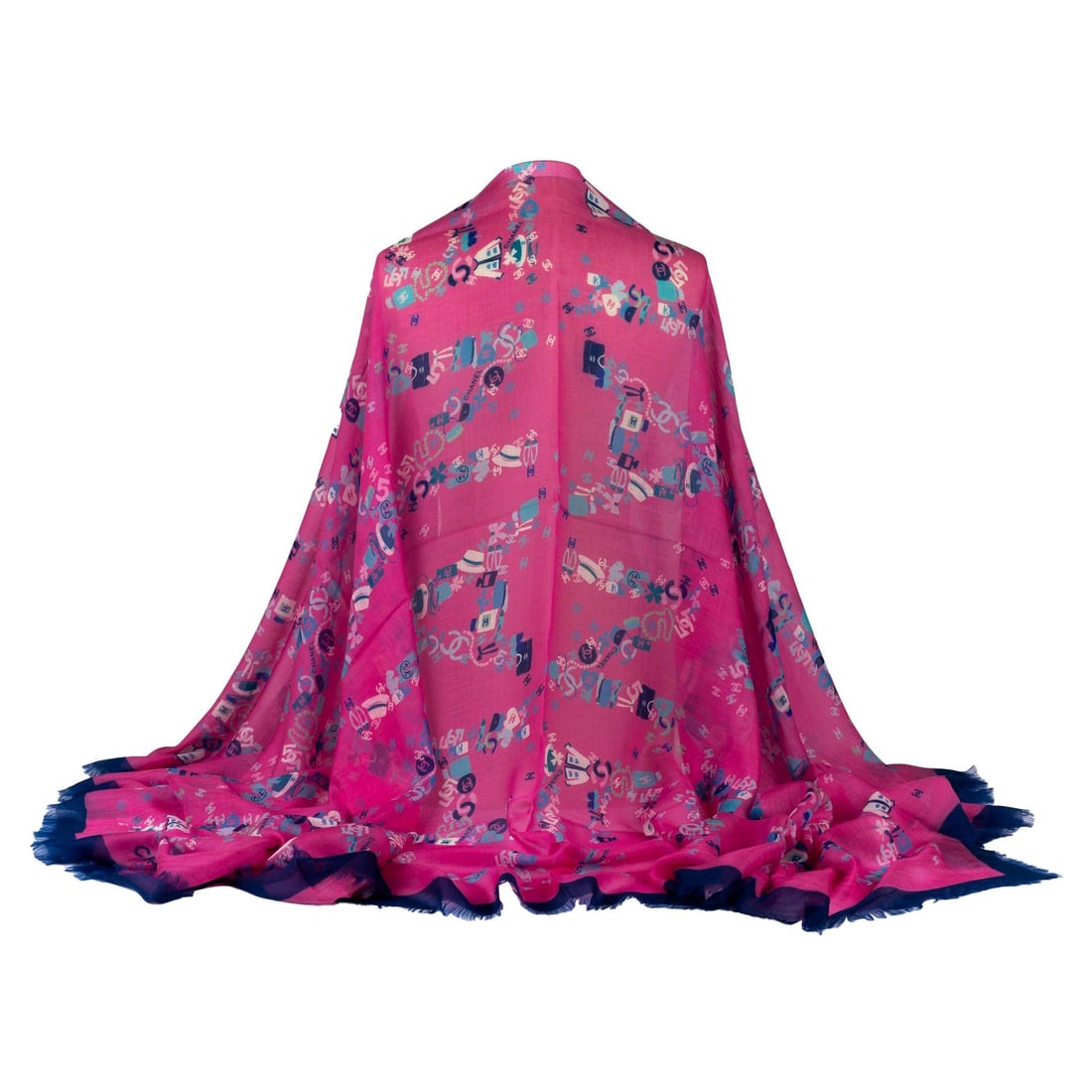 Chanel Cashmere Shawl Fuchsia Navy 52x78 inches Made in Italy: Chanel Cashmere Shawl Fuchsia Navy 52x78 inches Made in Italy This exquisite Chanel shawl features a stunning combination of navy and fuchsia colors, crafted from luxurious cashmere for a soft and com