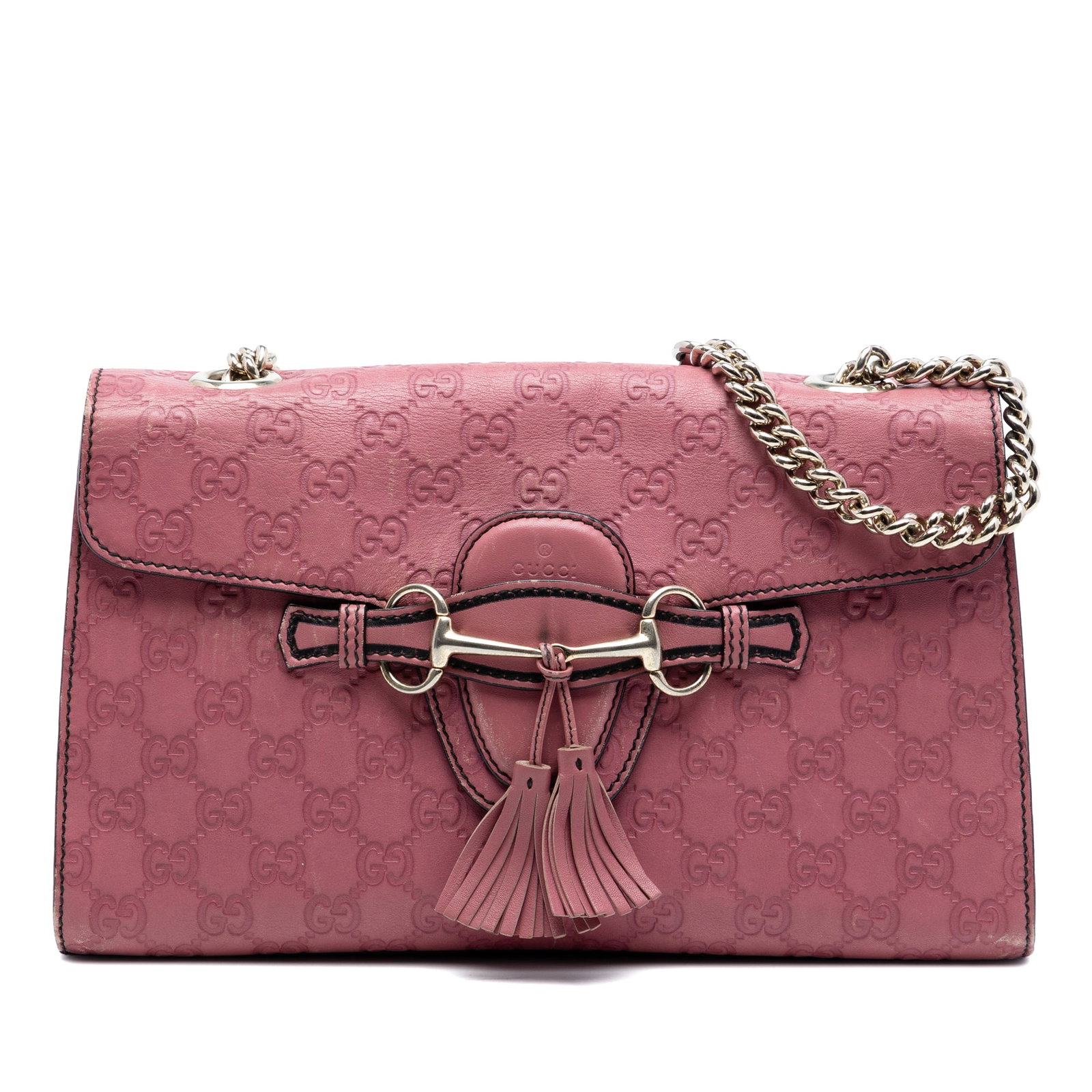 Gucci Emily Pink Embossed Leather Shoulder Bag: Gucci Emily Pink Embossed Leather Shoulder Bag This Gucci Medium Guccissima Emily Shoulder Bag is crafted from embossed leather in a pink hue and features a chain link shoulder strap with a leather gu