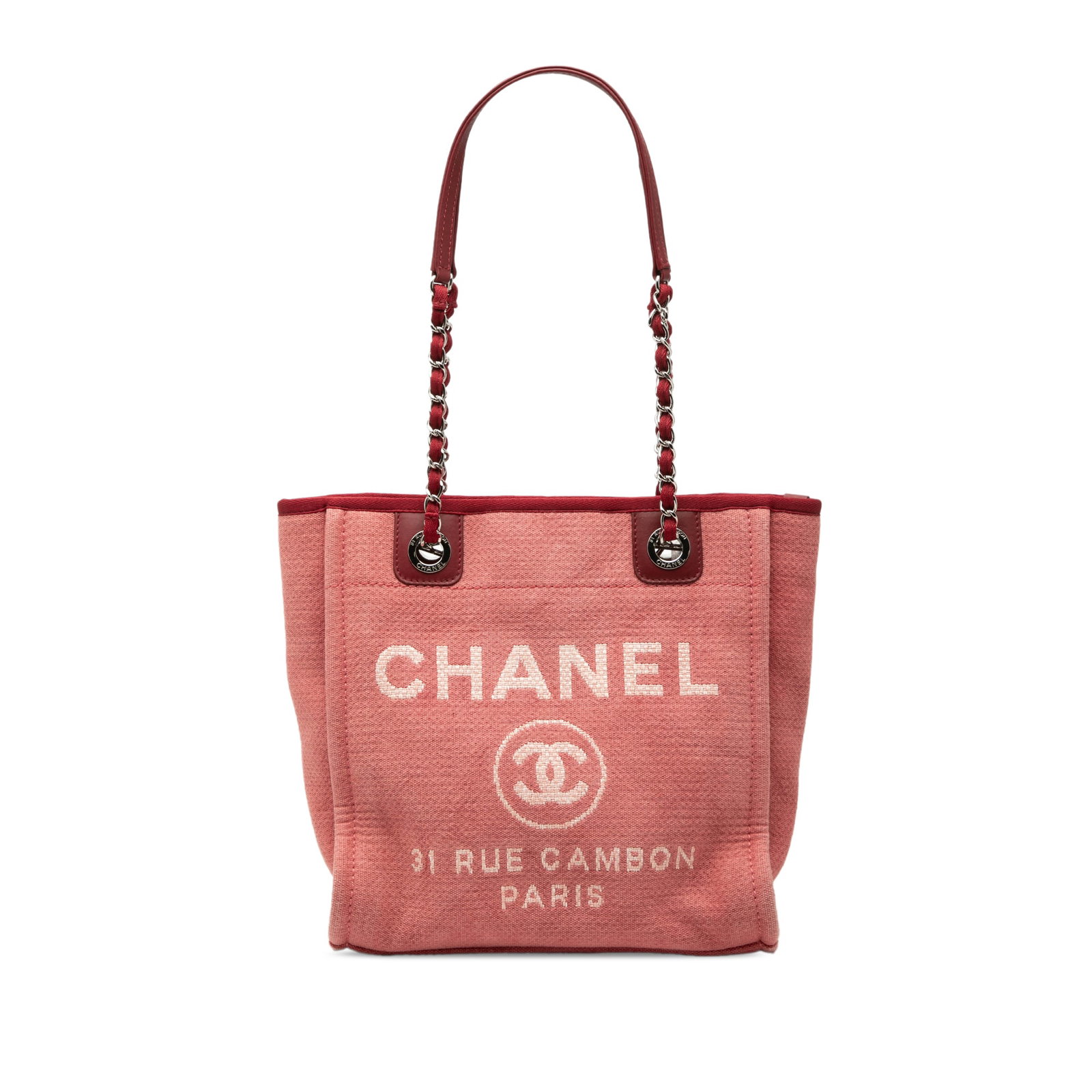 Chanel Deauville Mini Fabric Tote Bag Red: Chanel Deauville Mini Fabric Tote Bag Red This Chanel Mini Canvas Deauville Tote features a canvas body with leather trim, curb chain straps, an open top with a magnetic snap button closure, and inter