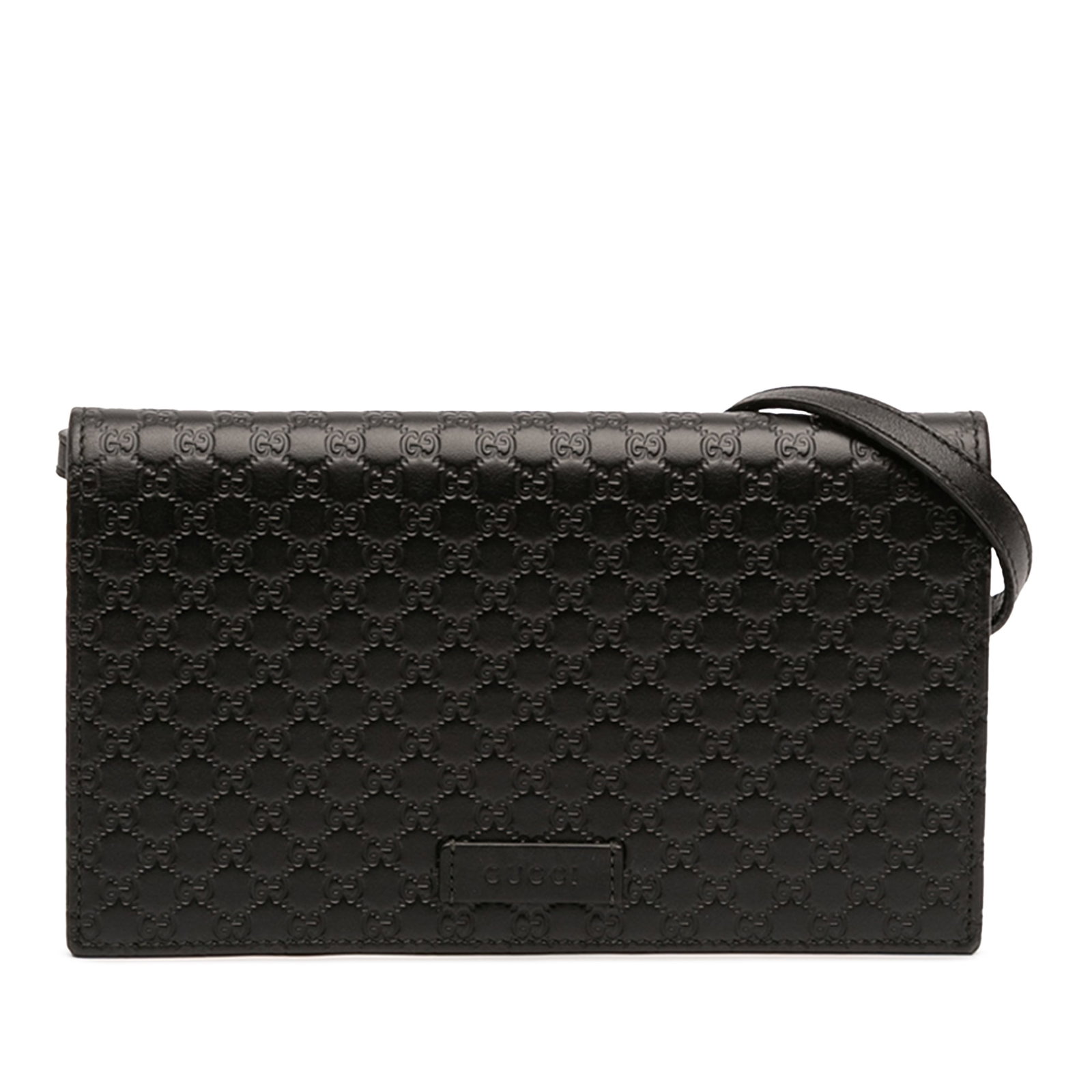 Gucci Black Microguccissima Leather Crossbody Wallet Bag with Strap: Gucci Black Microguccissima Leather Crossbody Wallet Bag with Strap This Gucci Microguccissima Wallet on Strap is crafted from embossed leather in black and features a detachable and adjustable flat s