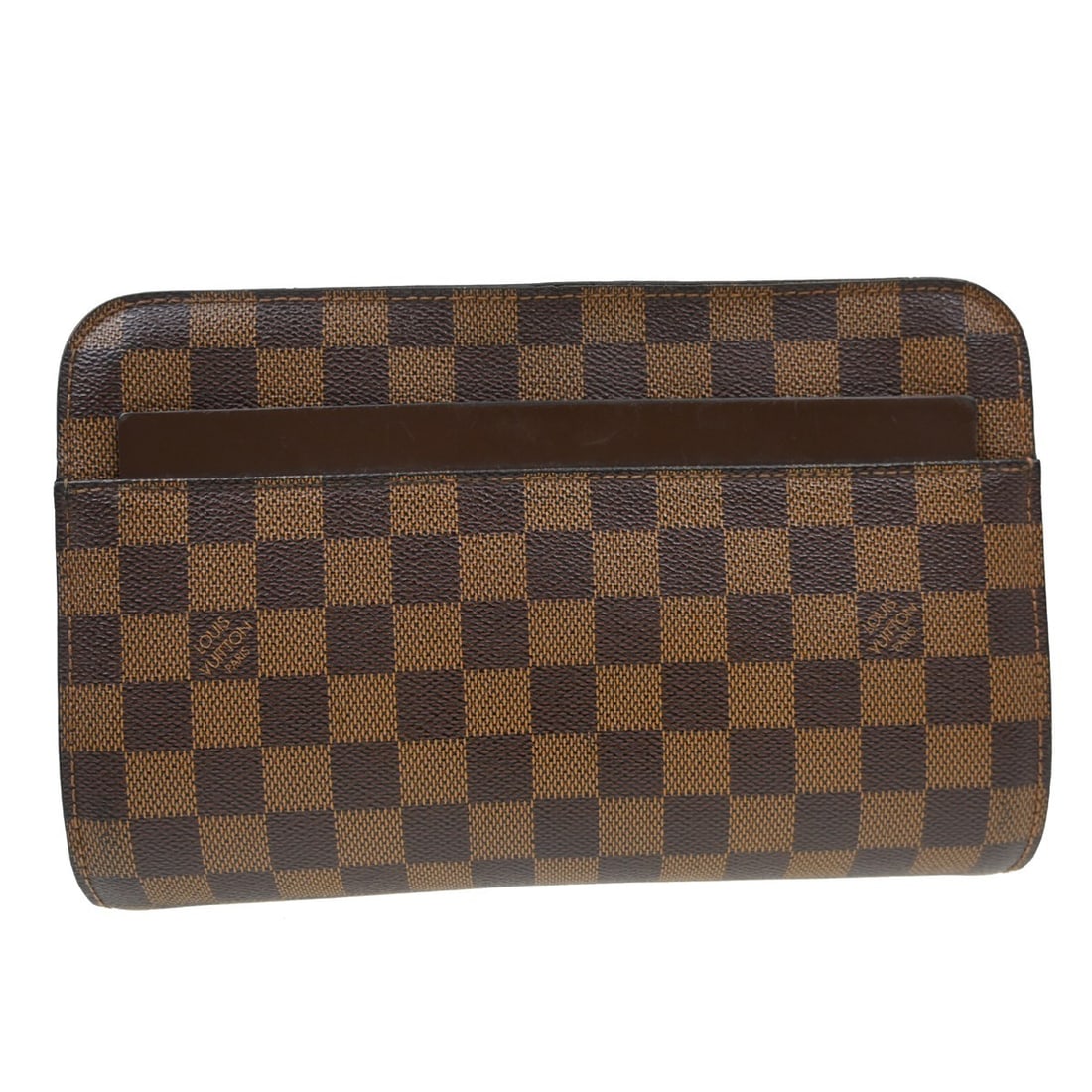 Louis Vuitton Damier Ebene Saint Louis Clutch Brown: Louis Vuitton Damier Ebene Saint Louis Clutch Brown This Louis Vuitton Damier Ebene Orsay clutch features a classic brown canvas leather exterior with the iconic Damier pattern. Designed in a compact,