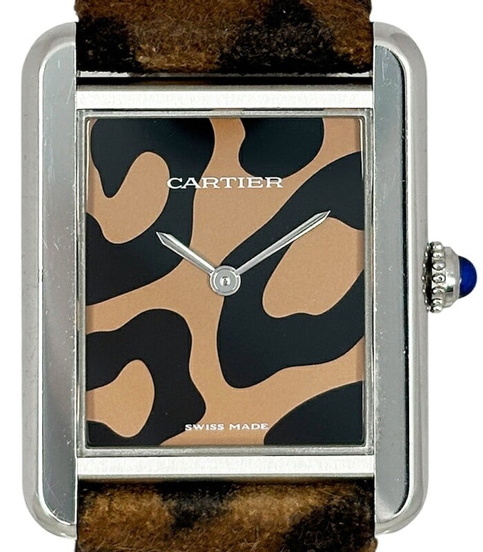 Cartier Tank Solo SM Quartz Wristwatch Panther Leopard Dial: Cartier Tank Solo SM Quartz Wristwatch Panther Leopard Dial This is a pre-owned Cartier Tank Solo SM wristwatch featuring a distinctive panther dial with a leopard motif. Designed for women, this Swis