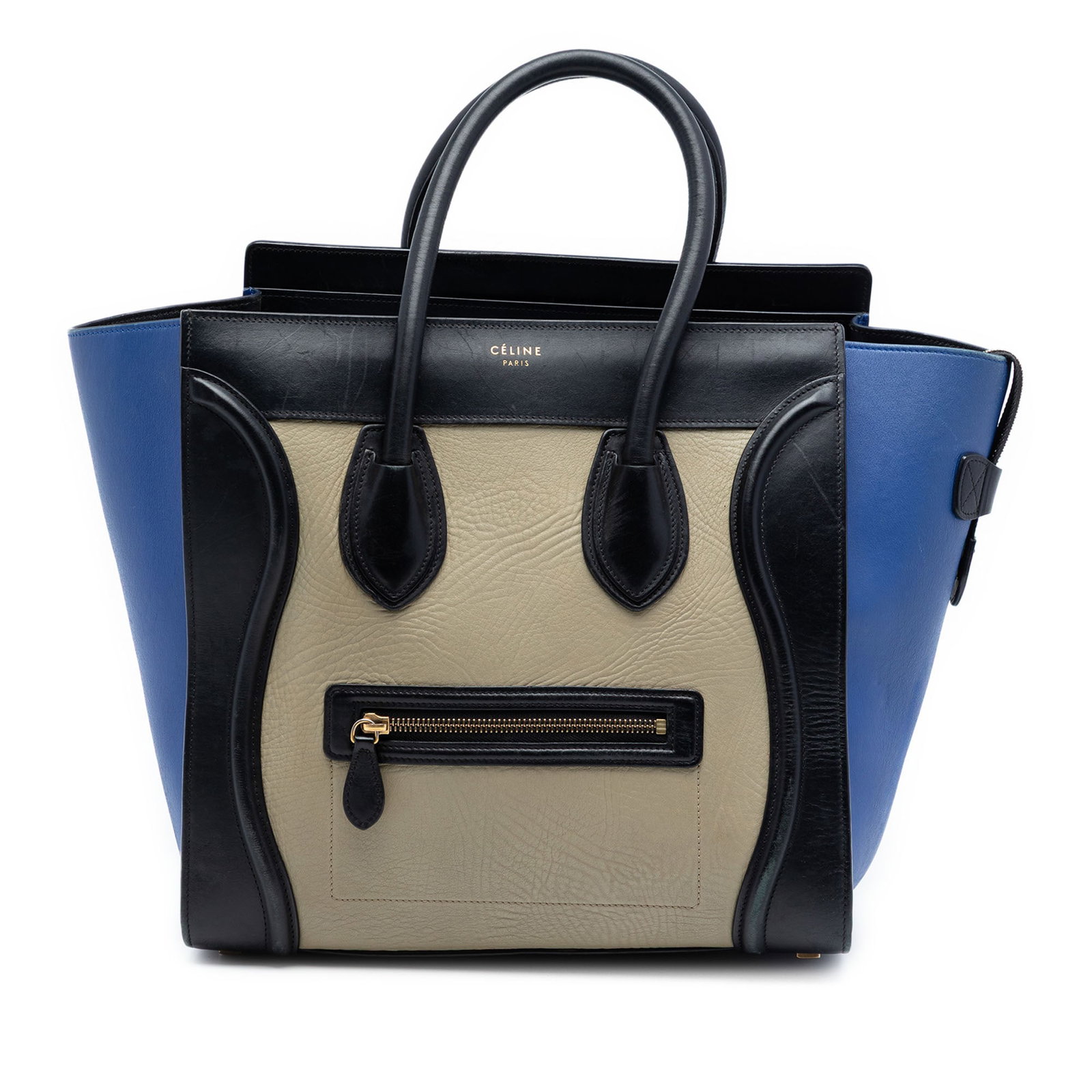 Celine Mini Tricolor Luggage Tote Leather Bag: Celine Mini Tricolor Luggage Tote Leather Bag This Celine Mini Tricolor Leather Luggage Tote is crafted in Italy from leather and features rolled leather handles, a top zip closure, an exterior front 