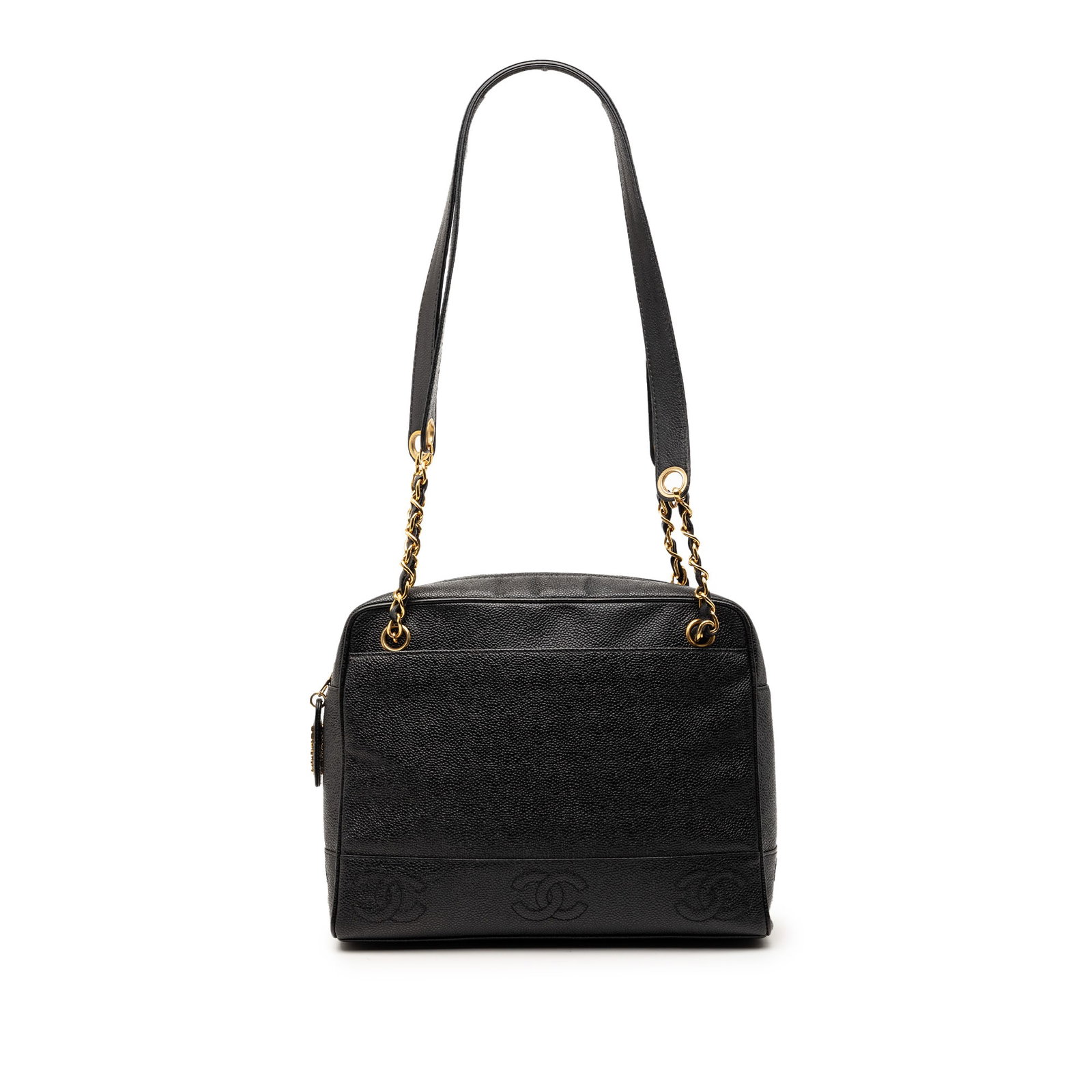 Chanel Black Caviar Leather Triple CC Zip Tote Bag with Chain Straps: Chanel Black Caviar Leather Triple CC Zip Tote Bag with Chain Straps This Chanel Triple CC Caviar Zip Tote is crafted from durable caviar leather in black and features signature curb chain straps, a t