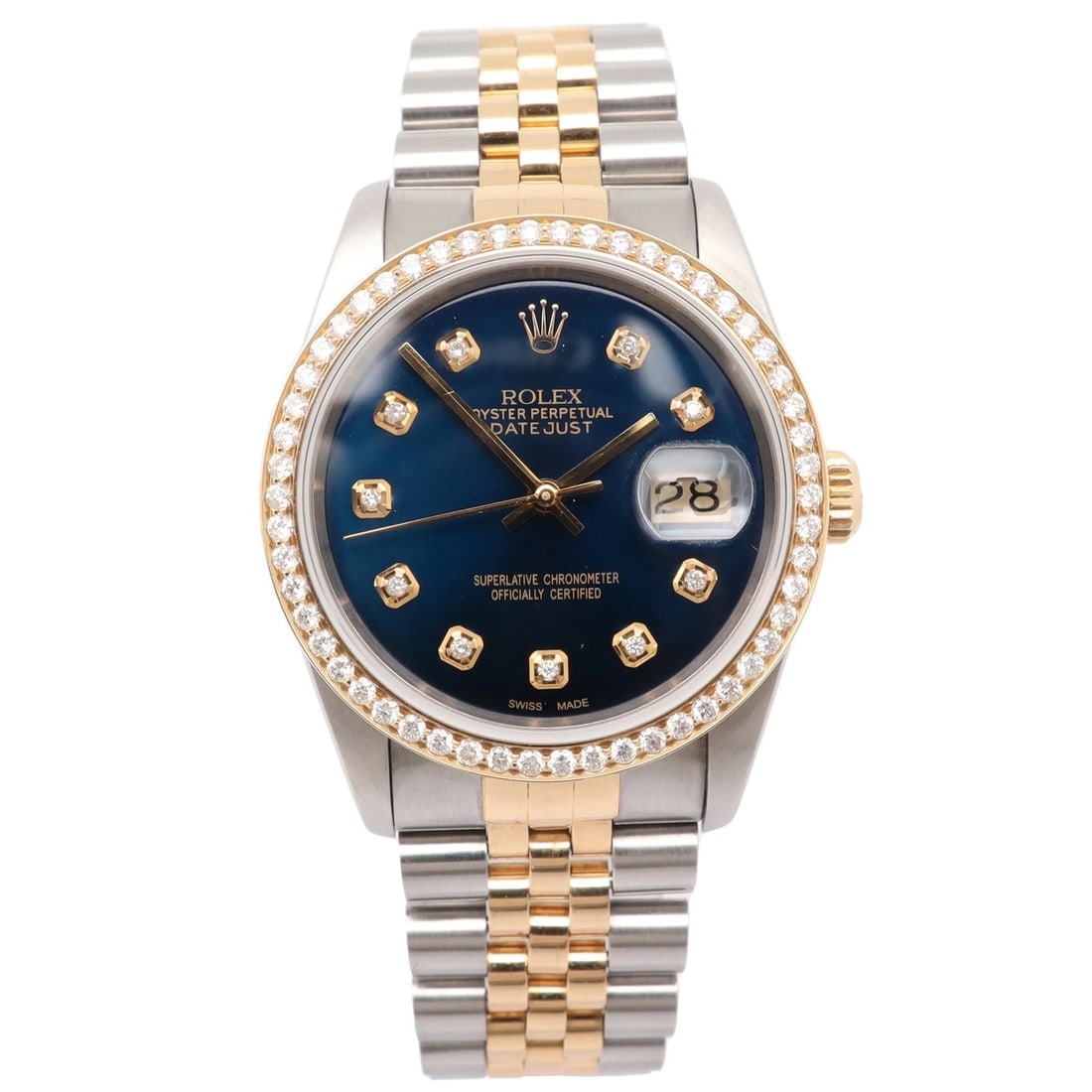 Rolex Datejust 16233 Blue Dial Diamond Bezel 18K Gold Watch: Rolex Datejust 16233 Blue Dial Diamond Bezel 18K Gold Watch This Rolex Datejust wristwatch features a custom blue sunburst dial with diamond markers and a custom diamond-set fixed bezel. Crafted in Sw