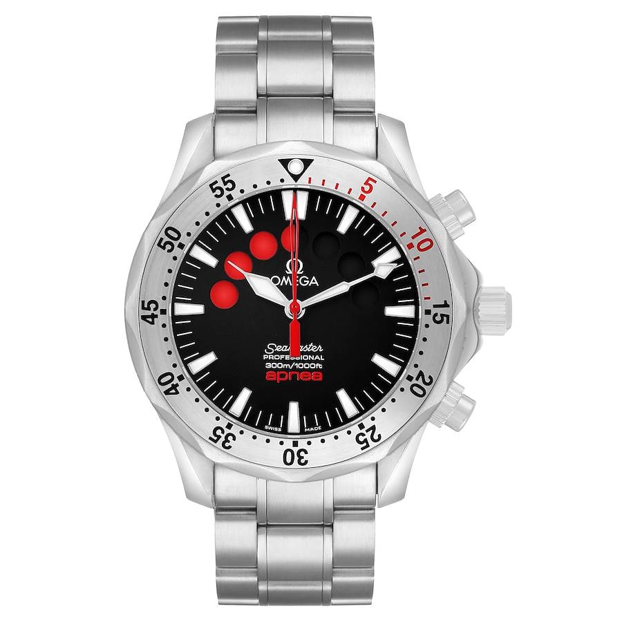 Omega Seamaster Apnea Black Dial Stainless Steel Bracelet Ref 2595.50.00: Omega Seamaster Apnea Black Dial Stainless Steel Bracelet Ref 2595.50.00 This Omega Seamaster Apnea Jacques Mayol features a black dial and a rotating bezel, paired with a stainless steel bracelet. Th