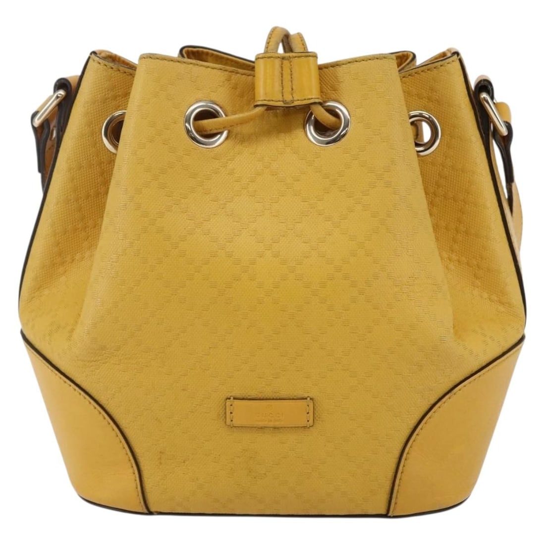 Yellow Gucci Bright Diamante Leather Bucket Shoulder Bag: Yellow Gucci Bright Diamante Leather Bucket Shoulder Bag This Gucci Bright Bucket Bag is crafted from yellow leather and features the signature Diamante pattern. Designed for women, it includes a shou