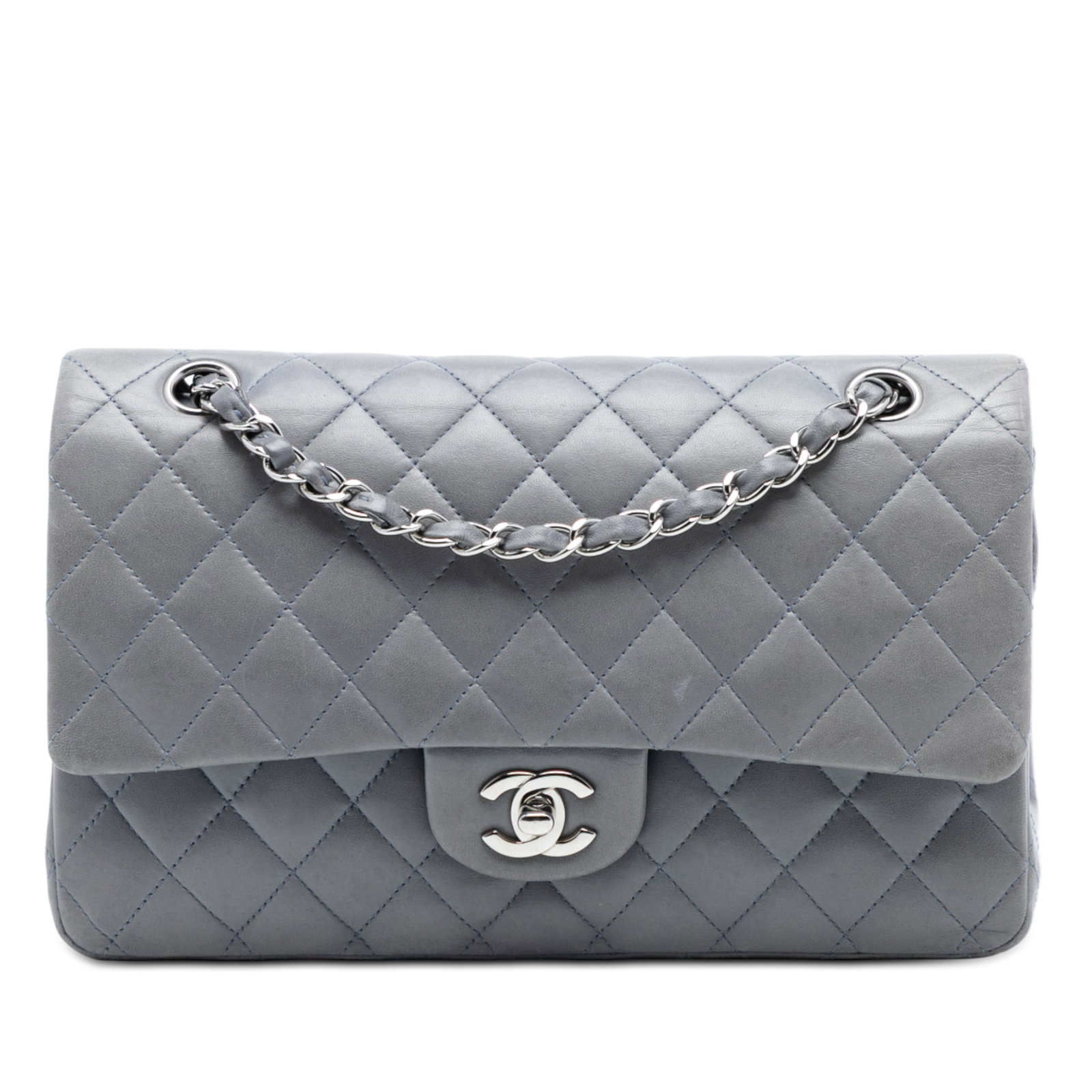 Chanel Medium Classic Double Flap Gray Quilted Lambskin Shoulder Bag: Chanel Medium Classic Double Flap Gray Quilted Lambskin Shoulder Bag This Chanel Medium Classic Lambskin Double Flap shoulder bag is crafted from quilted lambskin leather in gray and features a leathe