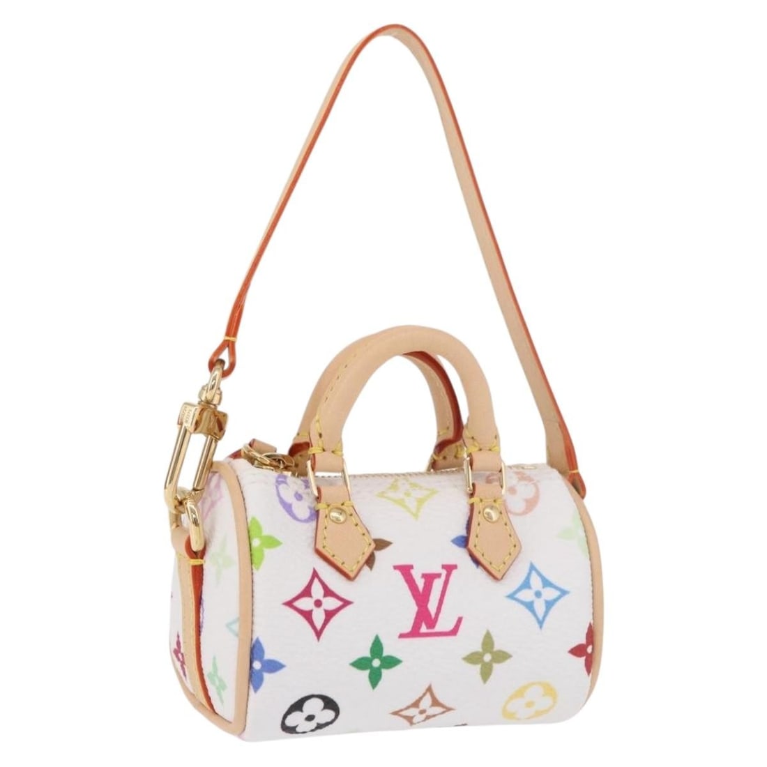 Louis Vuitton White Monogram Multicolor Speedy Bag Charm M03729: Louis Vuitton White Monogram Multicolor Speedy Bag Charm M03729 This Louis Vuitton Multicolor Micro Speedy Bag Charm in white features the iconic Monogram Multicolor Canvas. Designed as a stylish acce