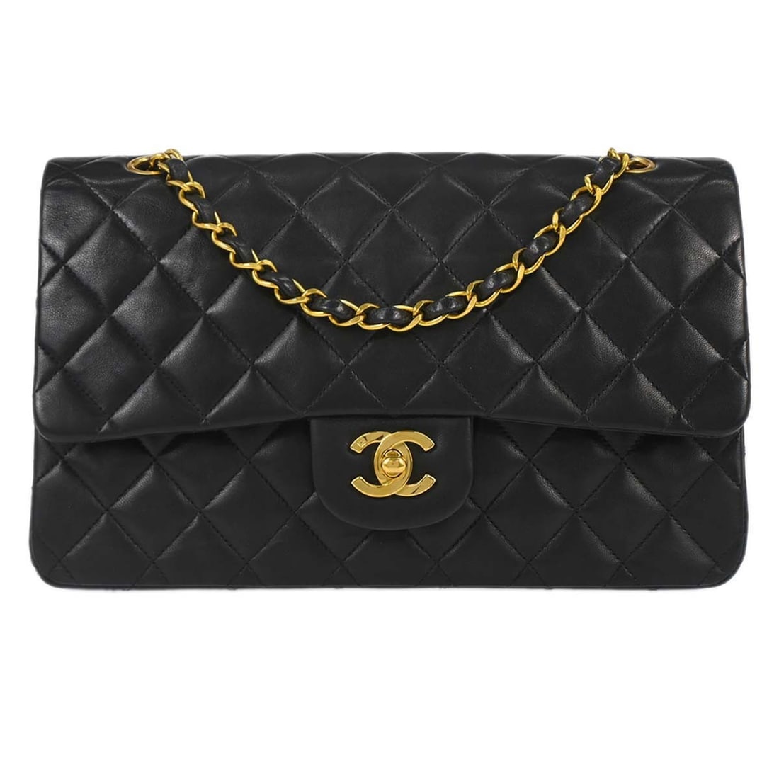 Chanel Classic Flap Black Lambskin Medium Shoulder Bag: Chanel Classic Flap Black Lambskin Medium Shoulder Bag This Chanel Classic Double Flap Shoulder Bag features luxurious black lambskin leather and a timeless medium-sized silhouette. It is designed wit