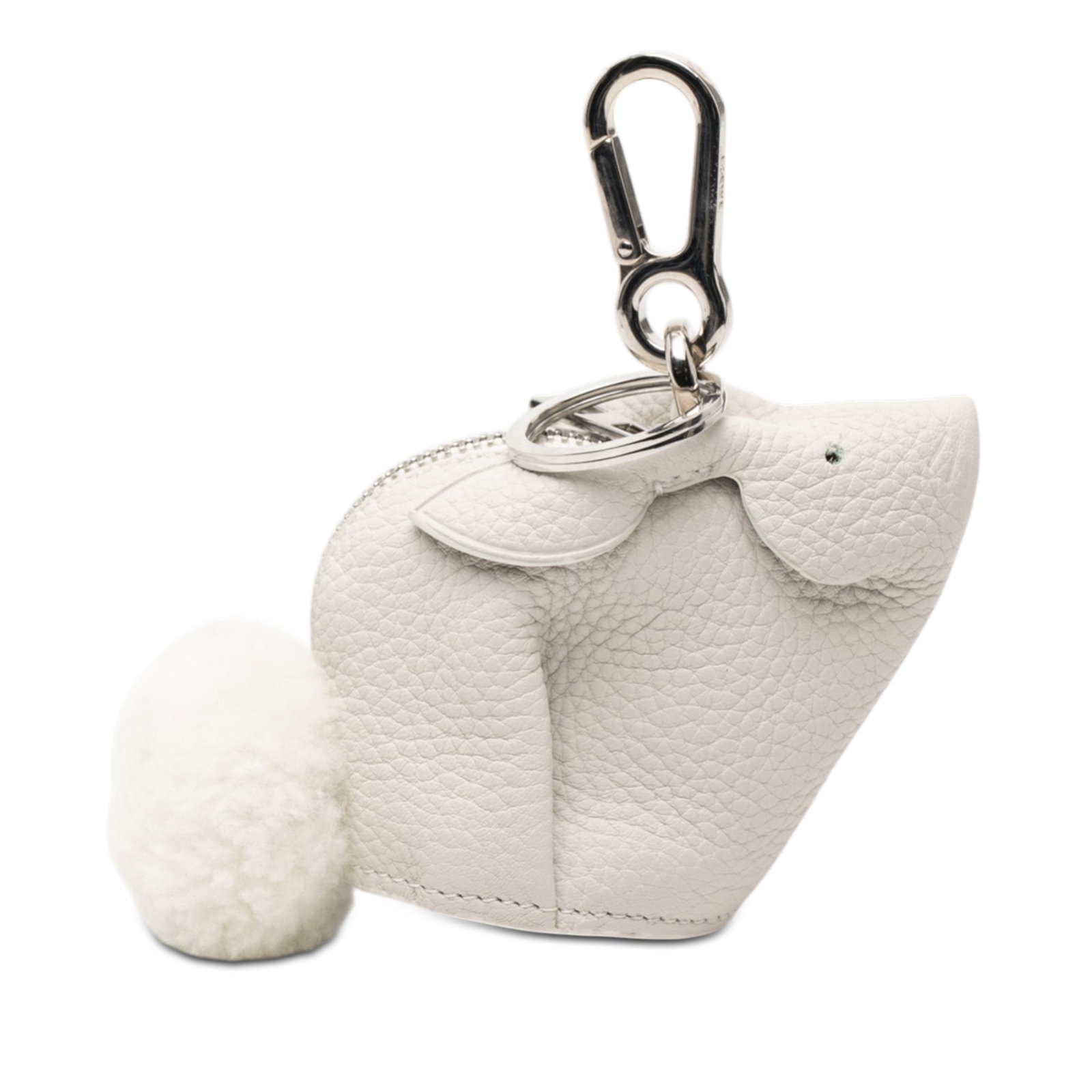 Loewe Bunny Coin Purse in Pebbled Calfskin Leather with Bag Charm: Loewe Bunny Coin Purse in Pebbled Calfskin Leather with Bag Charm This LOEWE coin pouch is crafted from pebbled calfskin leather in white and features a whimsical bunny design. It is equipped with a t