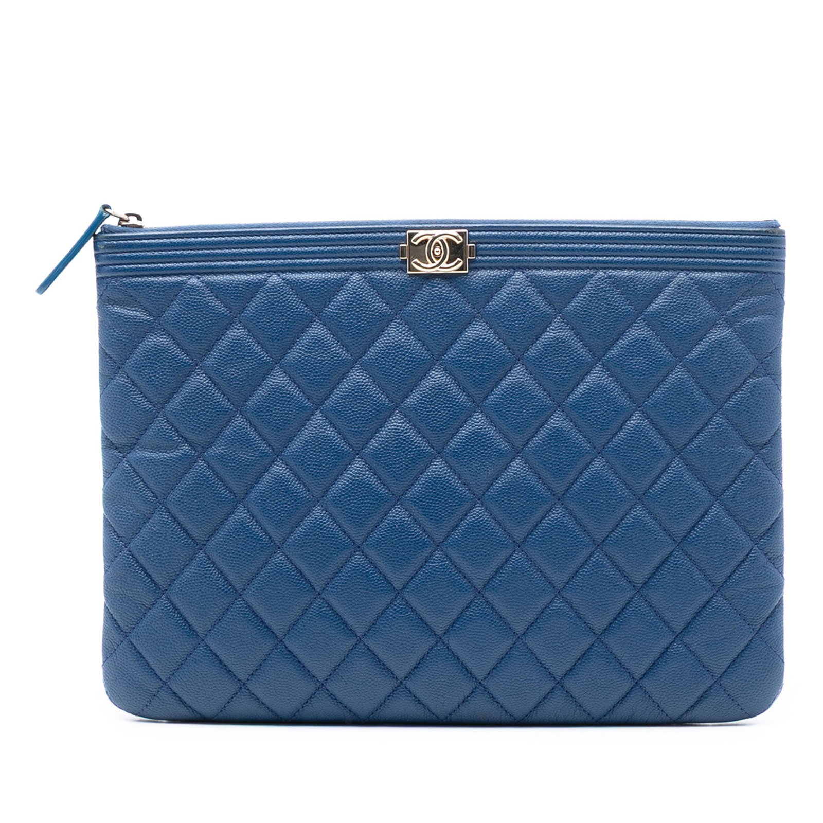 Chanel Boy O Case Quilted Caviar Leather Medium Blue Clutch Bag: Chanel Boy O Case Quilted Caviar Leather Medium Blue Clutch Bag This Chanel Medium Quilted Caviar Boy O Case Clutch features a blue quilted caviar leather body with a top zip closure. The bag shows si