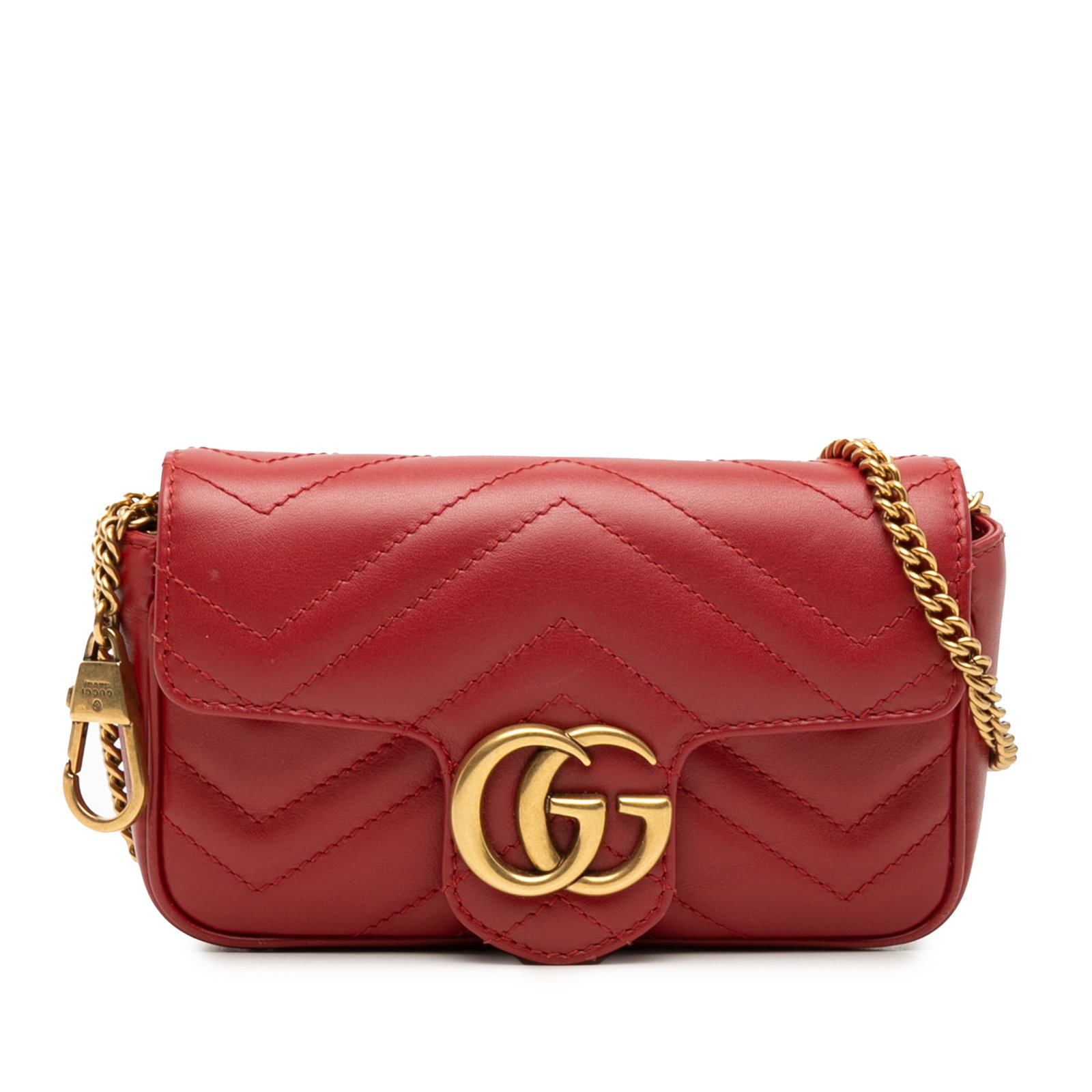 Red Gucci Mini Marmont Matelasse Leather Chain Shoulder Bag: Red Gucci Mini Marmont Matelasse Leather Chain Shoulder Bag This Gucci Mini GG Marmont Matelasse Leather Flap Crossbody features a quilted leather body in red, a chain link shoulder strap, and a flap 