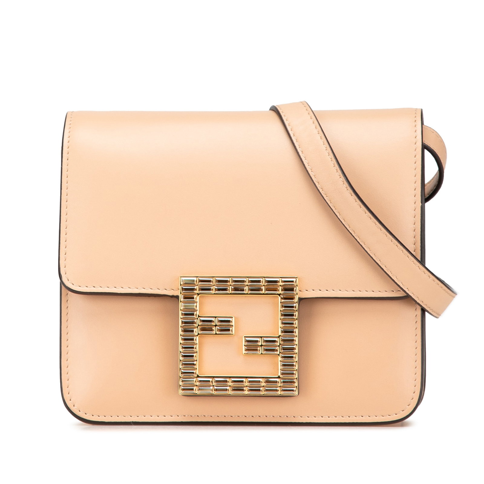 Fendi Leather Crystal Fab Crossbody Bag with Adjustable Strap: Fendi Leather Crystal Fab Crossbody Bag with Adjustable Strap Introducing the Fendi Leather Crystal Fab Crossbody bag, a stylish accessory that combines elegance with functionality. This bag features 
