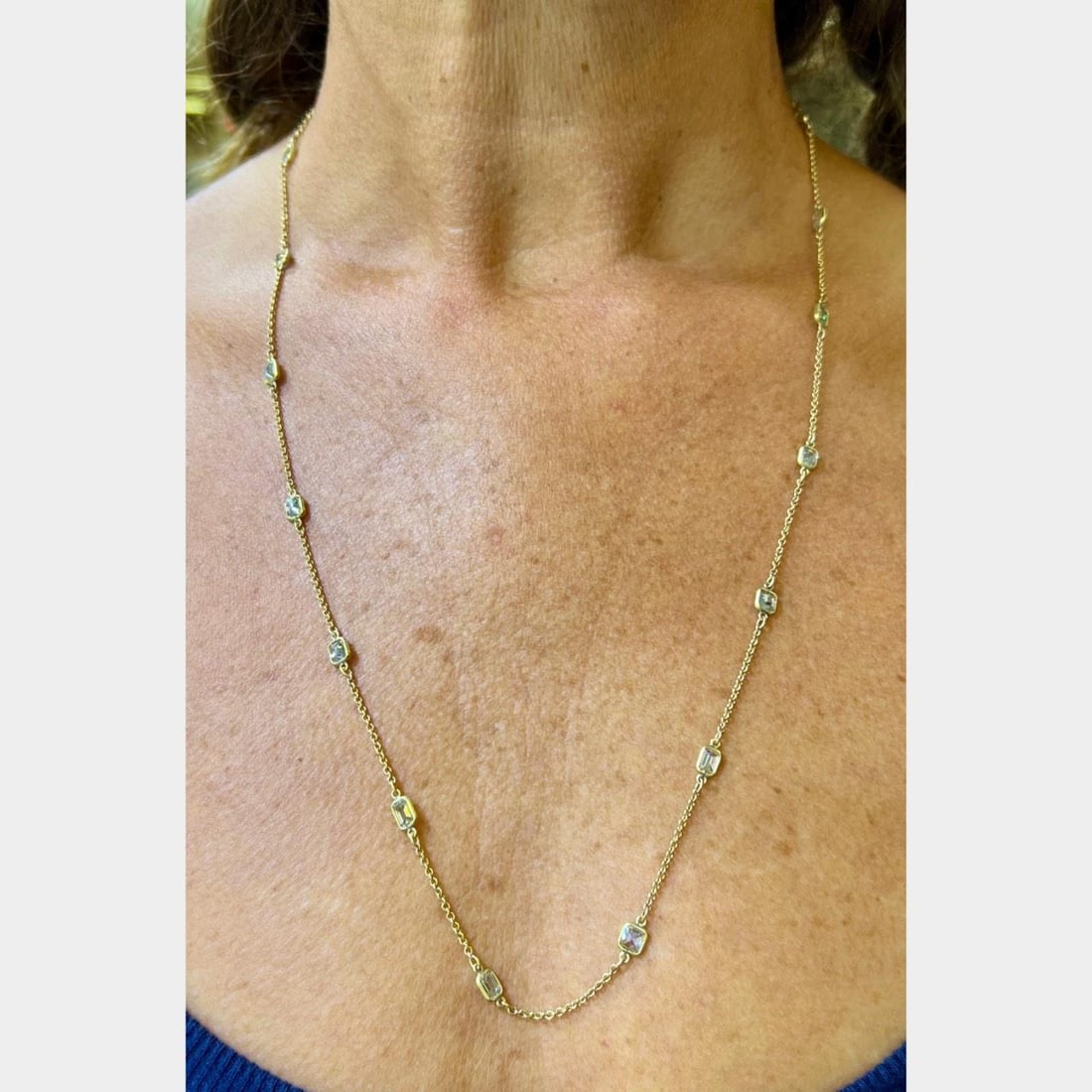 18K Yellow Gold 8.00 Ct Diamond by the Yard Necklace 24 Inches: 18K Yellow Gold 8.00 Ct Diamond by the Yard Necklace 24 Inches This exquisite 18K Yellow Gold Necklace features an elegant design with diamonds set in a "by the yard" style. It showcases 18 diamonds w