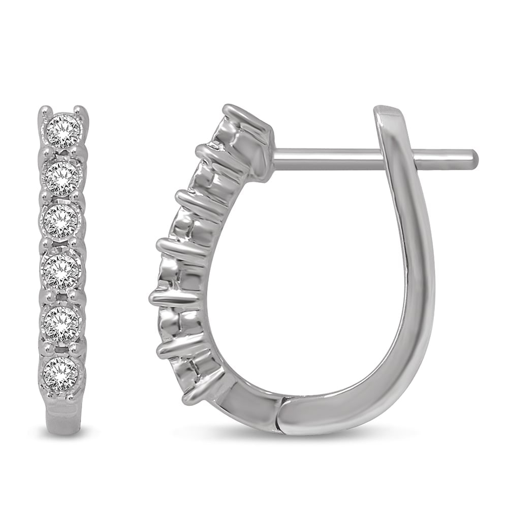 14K White Gold 1/3 Ct.Tw. Diamond Hoop Earrings: 14K White Gold 1/3 Ct.Tw. Diamond Hoop Earrings These stunning Earrings are available in 14K White Gold. There are 14 round diamonds with a total carat weight of 1/3Ct.Tw. 14k White Gold Stone Color: 