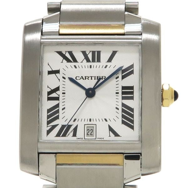 Cartier Tank Francaise LM Automatic Swiss Men's Wristwatch W51005Q4: Cartier Tank Francaise LM Automatic Swiss Men's Wristwatch W51005Q4 This Cartier Tank Francaise LM W51005Q4 men's wristwatch features a stainless steel and yellow gold case with a silver guilloche-eng