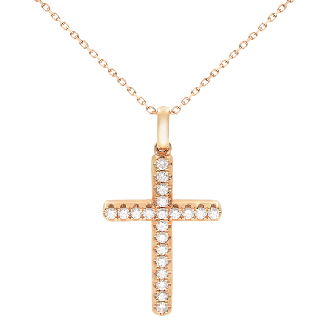 Rachel Koen 18K Rose Gold Diamond Cross Pendant Necklace 0.38cttw: Rachel Koen 18K Rose Gold Diamond Cross Pendant Necklace 0.38cttw This exquisite Rachel Koen cross pendant necklace is crafted from luxurious 18K rose gold and adorned with 20 brilliant round cut diam