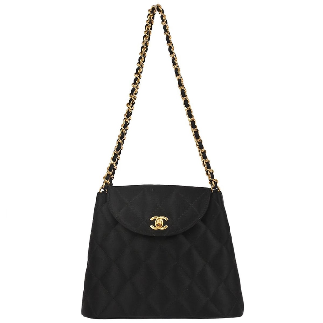 Small Black Satin Top Handle Bag by Chanel with Turn Lock Closure: Small Black Satin Top Handle Bag by Chanel with Turn Lock Closure This Chanel handbag is crafted from black satin and features a classic top handle design. It is equipped with a turn lock closure and 