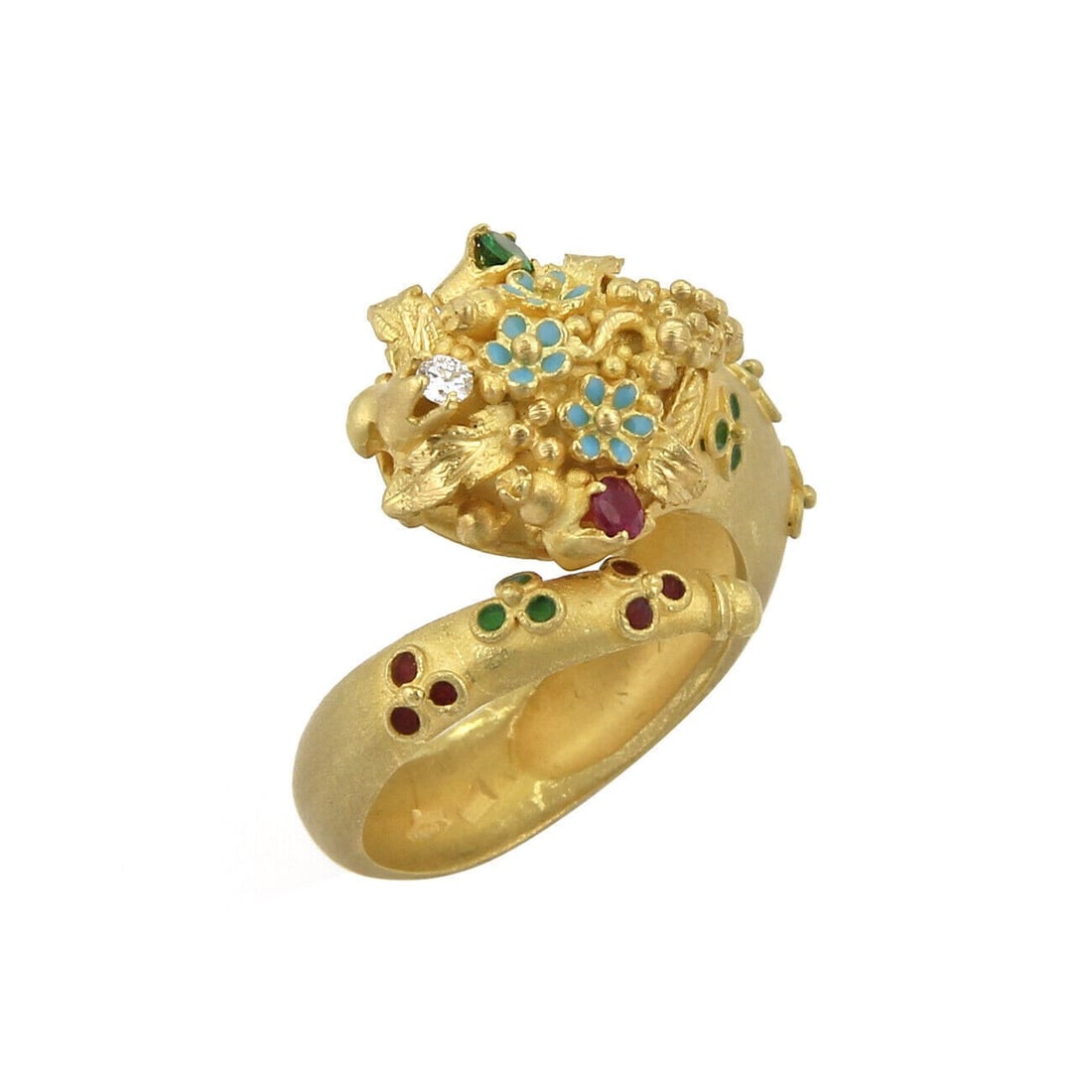 18k Yellow Gold Snake Bypass Ring with Ruby Emerald Diamond Size 7: 18k Yellow Gold Snake Bypass Ring with Ruby Emerald Diamond Size 7 This vintage estate snake bypass ring features a graceful serpent motif crafted in solid 18k yellow gold. The design elegantly wraps 