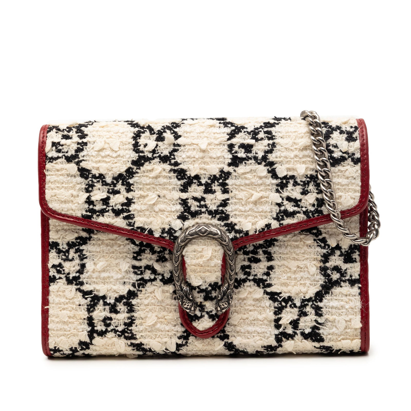 Gucci Dionysus Tweed Chain Wallet Bag: Gucci Dionysus Tweed Chain Wallet Bag This Gucci GG Tweed Dionysus Wallet on Chain features a tweed body with leather trim, complemented by a chain link strap. It is designed with a flap and push-lock