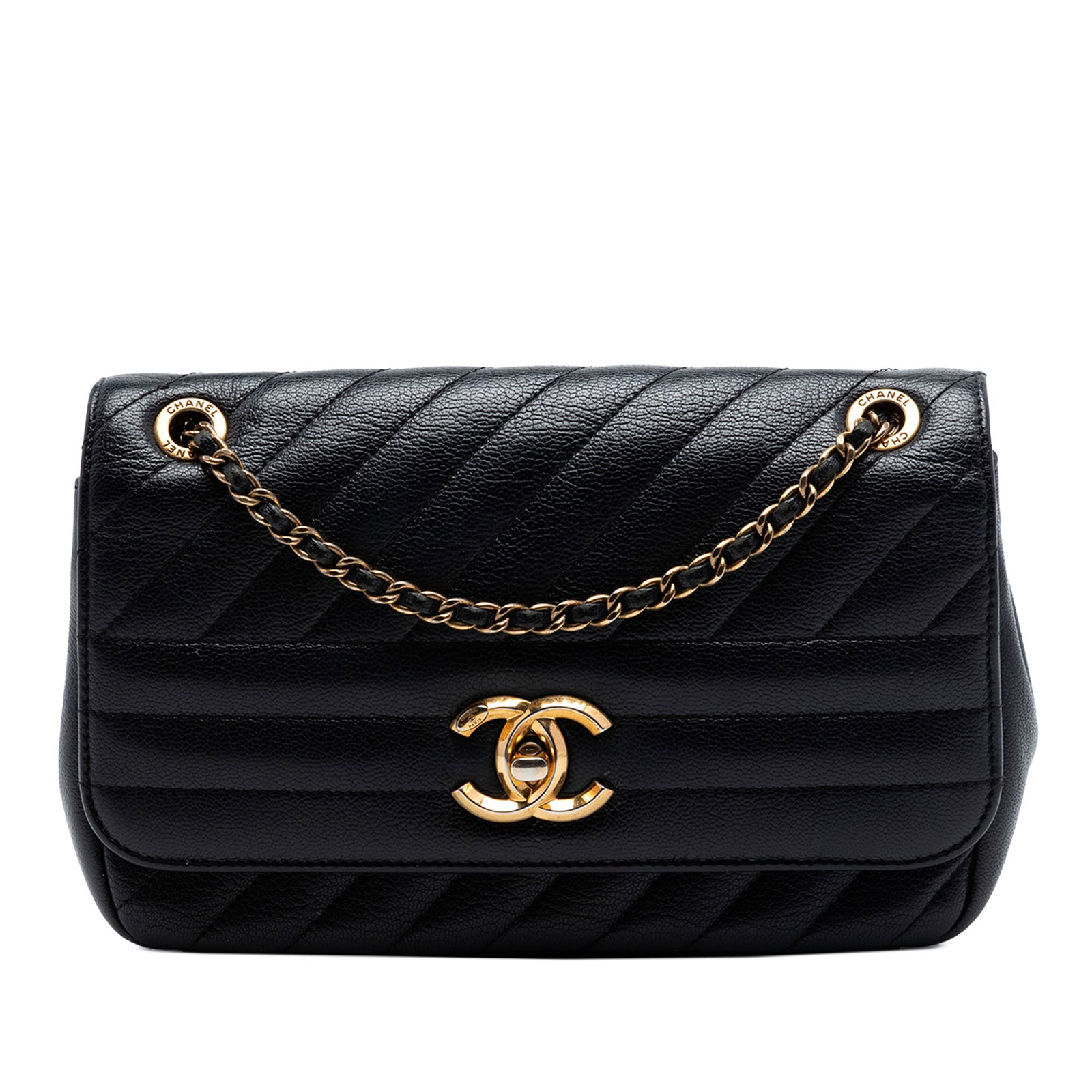 Chanel quilted goatskin flap shoulder bag black: Chanel quilted goatskin flap shoulder bag black This Chanel Small CC Diagonal Quilted Goatskin Flap shoulder bag is crafted from quilted goatskin leather in black, featuring a leather-woven chain link