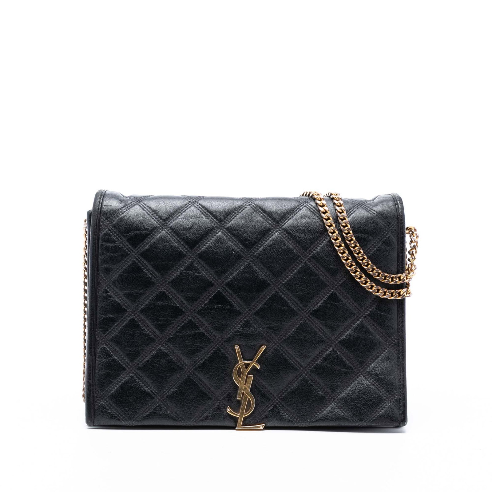 Black Lambskin Becky Shoulder Bag with Chain Strap by Saint Laurent: Black Lambskin Becky Shoulder Bag with Chain Strap by Saint Laurent This Saint Laurent Small Quilted Lambskin Becky Chain Shoulder Bag features a black quilted lambskin leather exterior, chain link st