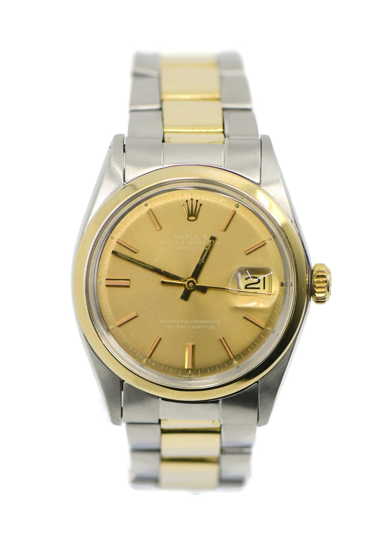 Rolex Datejust 1600 Two-Tone Champagne Dial 36mm Automatic Watch with Box: Rolex Datejust 1600 Two-Tone Champagne Dial 36mm Automatic Watch with Box This pre-owned Rolex Datejust wristwatch, model reference 1600, features a 36 mm stainless steel case with an 18K gold accent.