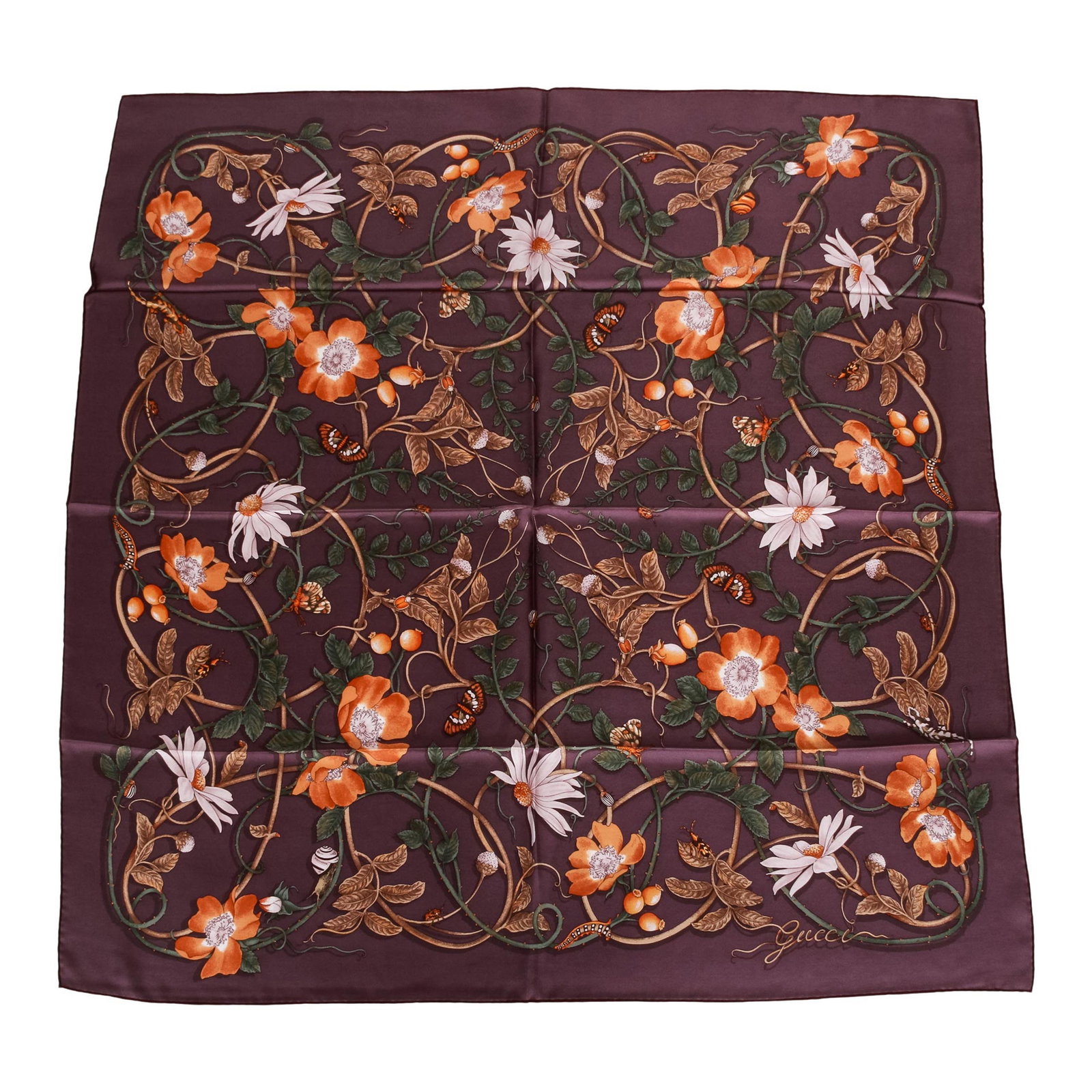 Gucci 100% Silk Purple Floral Scarf 35 x 35 Italy: Gucci 100% Silk Purple Floral Scarf 35 x 35 Italy Elevate your accessory collection with this exquisite Gucci scarf, featuring a vibrant purple floral design. Crafted from 100% silk, this luxurious sc