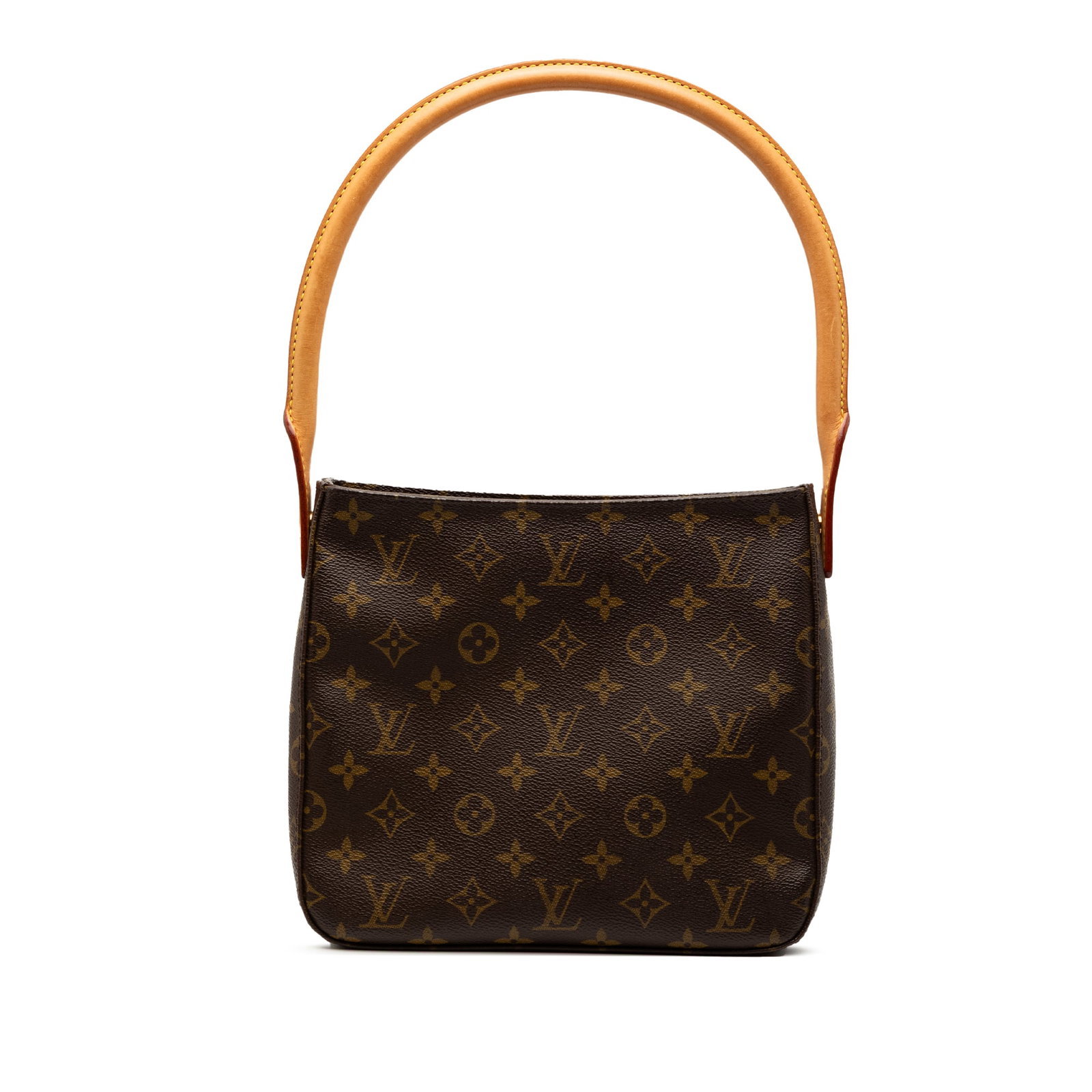 Louis Vuitton Monogram Canvas Looping MM Shoulder Bag with Leather Strap: Louis Vuitton Monogram Canvas Looping MM Shoulder Bag with Leather Strap This Louis Vuitton Monogram Looping MM features the iconic monogram canvas with a rolled vachetta leather shoulder strap. The b