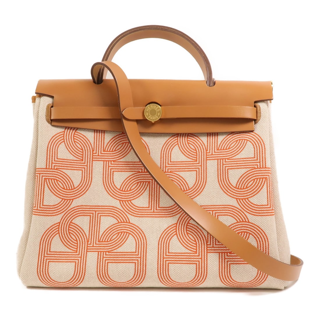 Hermes Herbag PM canvas orange beige shoulder tote GHW: Hermes Herbag PM canvas orange beige shoulder tote GHW This Hermes Herbag PM is a versatile 2-way shoulder handbag crafted from durable canvas in a striking orange Mecano and beige color scheme. Desig