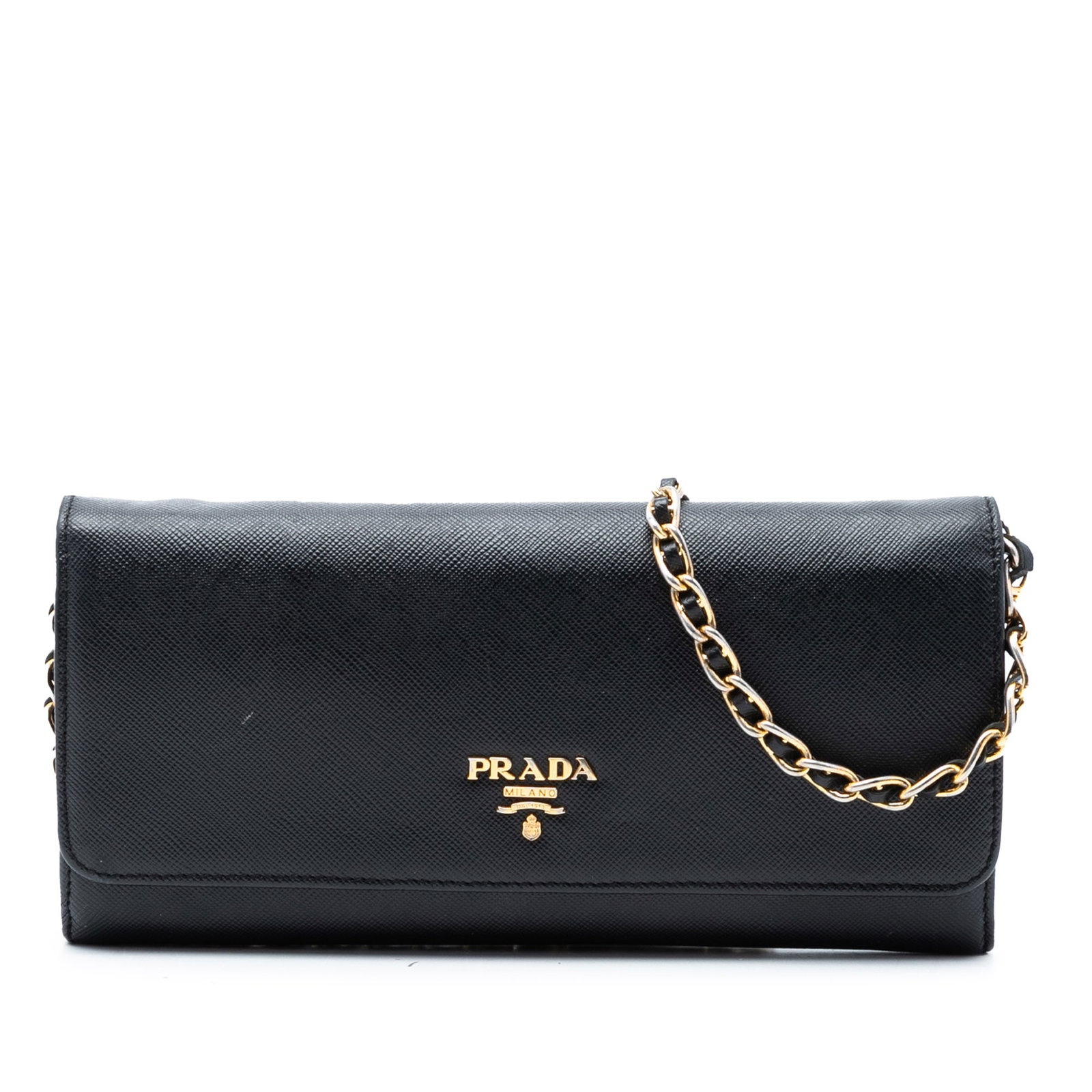 Prada black saffiano leather chain wallet bag: Prada black saffiano leather chain wallet bag This Prada Saffiano Wallet On Chain is crafted from black saffiano leather and features a leather-woven chain strap, a front flap with snap button closure