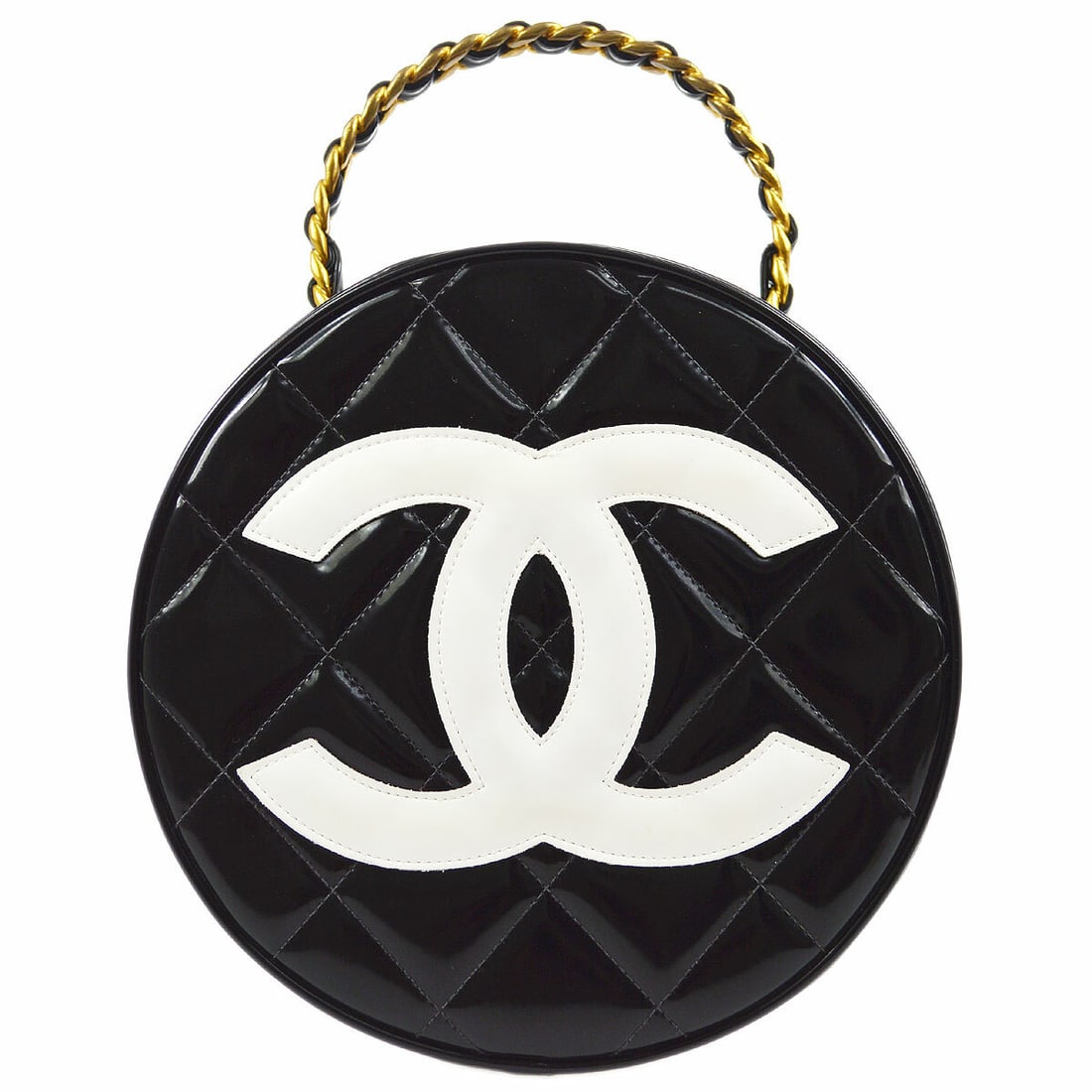 CHANEL Quilted Vanity Bag Black Patent Leather Chain Strap: CHANEL Quilted Vanity Bag Black Patent Leather Chain Strap This Chanel Black Patent Leather Round Vanity Handbag features a stylish matelasse quilted pattern and a zip closure. Designed with a top han