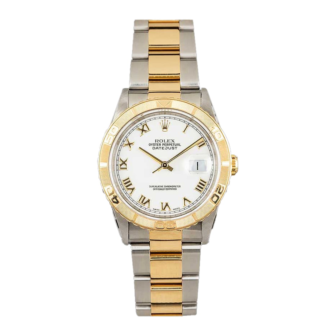 Rolex Datejust 16263 Oyster Bracelet White Roman Dial: Rolex Datejust 16263 Oyster Bracelet White Roman Dial This Rolex Datejust features a white Roman numeral dial and is paired with an Oyster bracelet. The watch is identified by reference number 16263 a