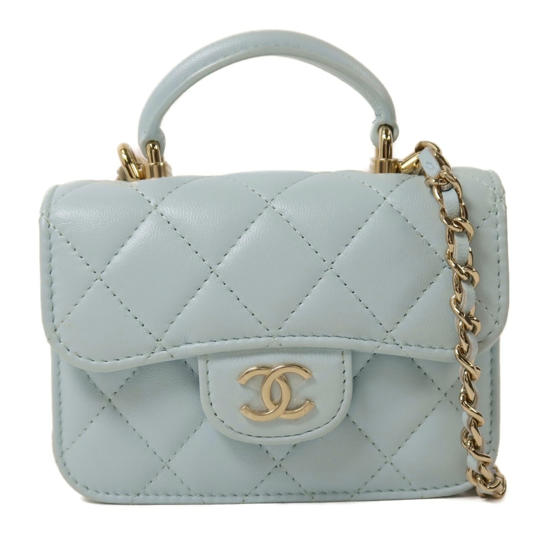 CHANEL Blue Lambskin CC Top Handle Flap 2way Shoulder Bag GHW AP2200: CHANEL Blue Lambskin CC Top Handle Flap 2way Shoulder Bag GHW AP2200 This CHANEL CC top handle flap chain shoulder bag is crafted from luxurious lambskin leather in blue. Featuring gold-tone hardware 