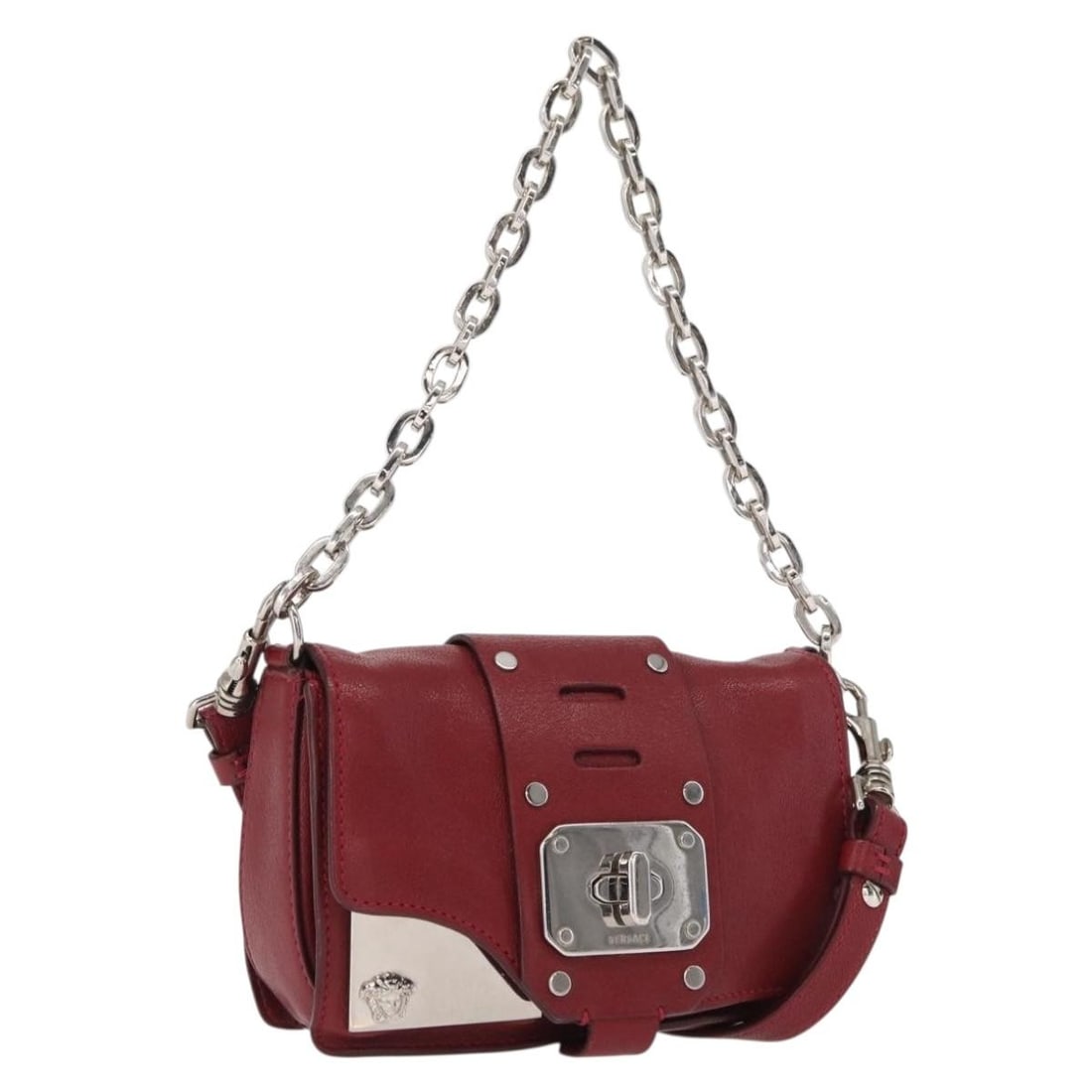 Red Leather Versace Shoulder Bag with Silver Tone Accents and Dust Bag: Red Leather Versace Shoulder Bag with Silver Tone Accents and Dust Bag This authentic Versace shoulder bag features a striking red and silver leather exterior. The compact design includes a main compa