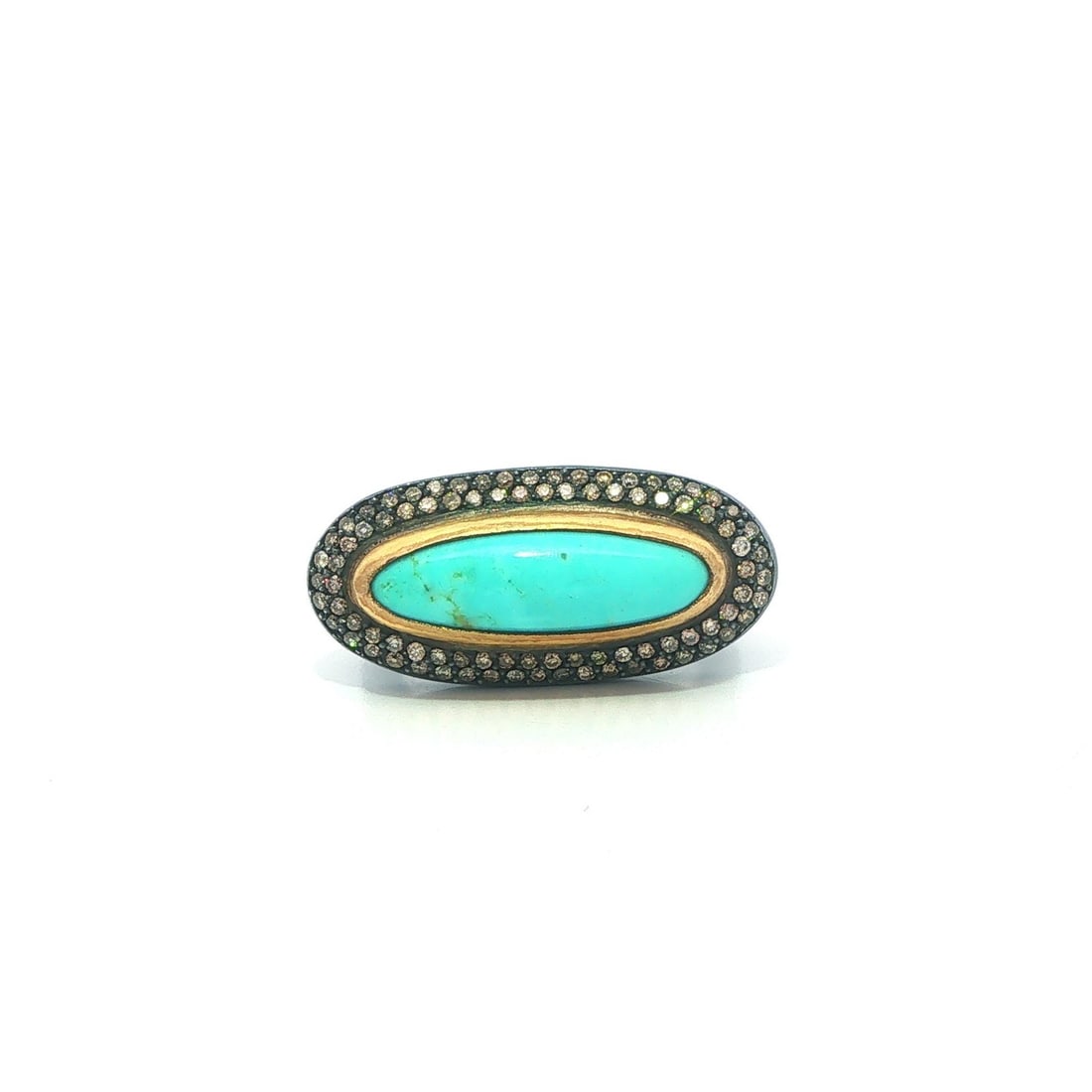Lika Behar Pompei Turquoise Diamond Ring 24k Gold Blackened Silver Size 6: Lika Behar Pompei Turquoise Diamond Ring 24k Gold Blackened Silver Size 6 This women's cocktail ring features an oval cabochon natural turquoise stone with blue color and natural veining, bezel set in