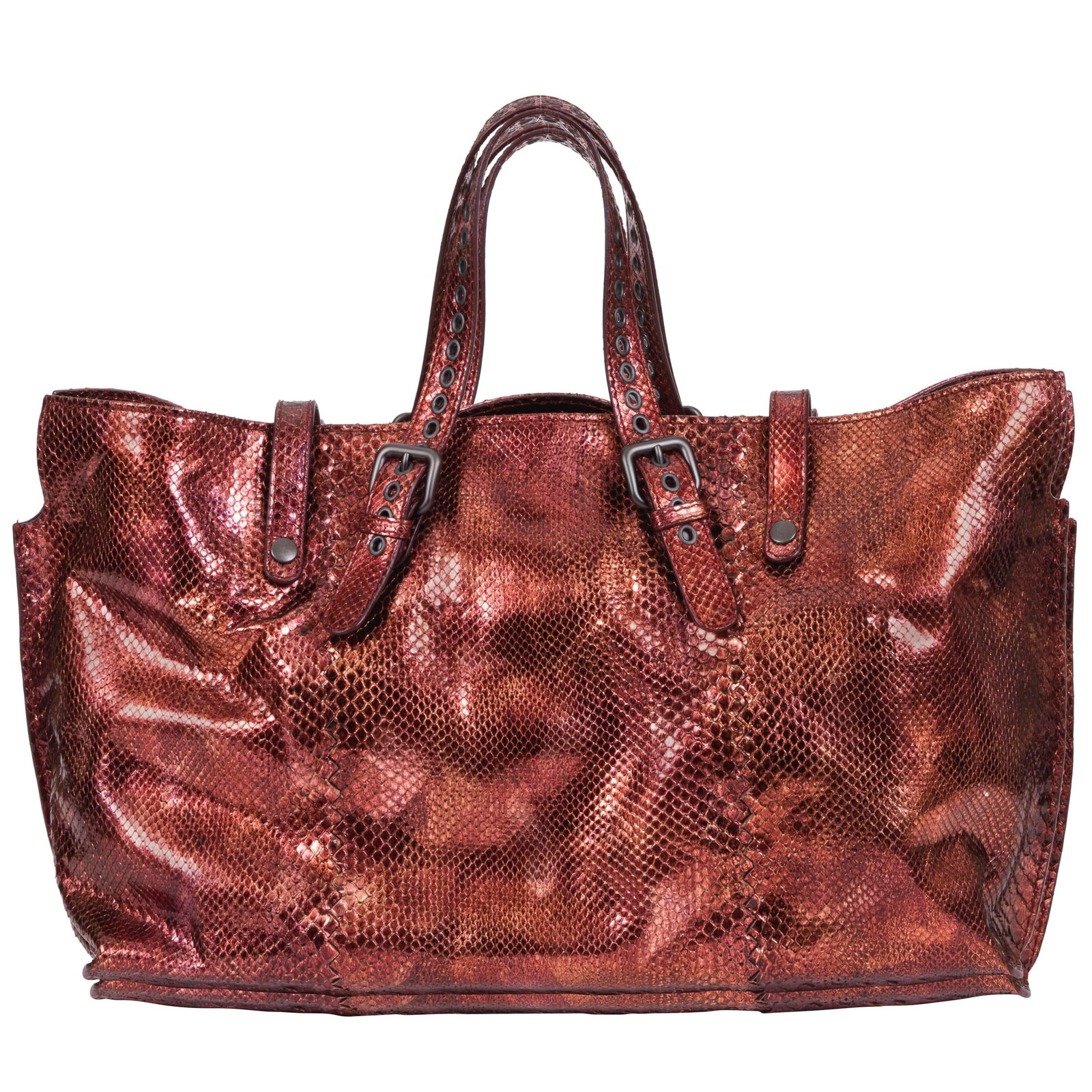Bottega Veneta Metallic Rust Python Oversized Tote Bag with Dust Bag: Bottega Veneta Metallic Rust Python Oversized Tote Bag with Dust Bag Discover the elegance of the Bottega Veneta Metallic Rust Python Tote Bag, a stunning oversized shopper crafted in Italy. This exqu