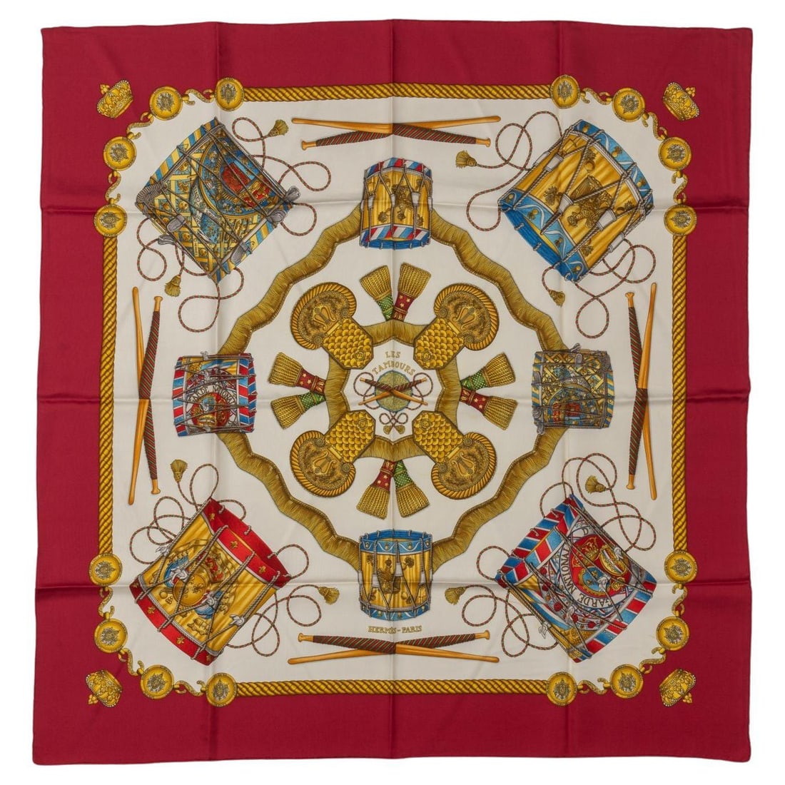Hermes Les Tambours 35in Red Silk Twill Scarf from France: Hermes Les Tambours 35in Red Silk Twill Scarf from France Enhance your accessory collection with this exquisite Hermes "Les Tambours" silk scarf. Crafted from luxurious silk twill, this scarf features