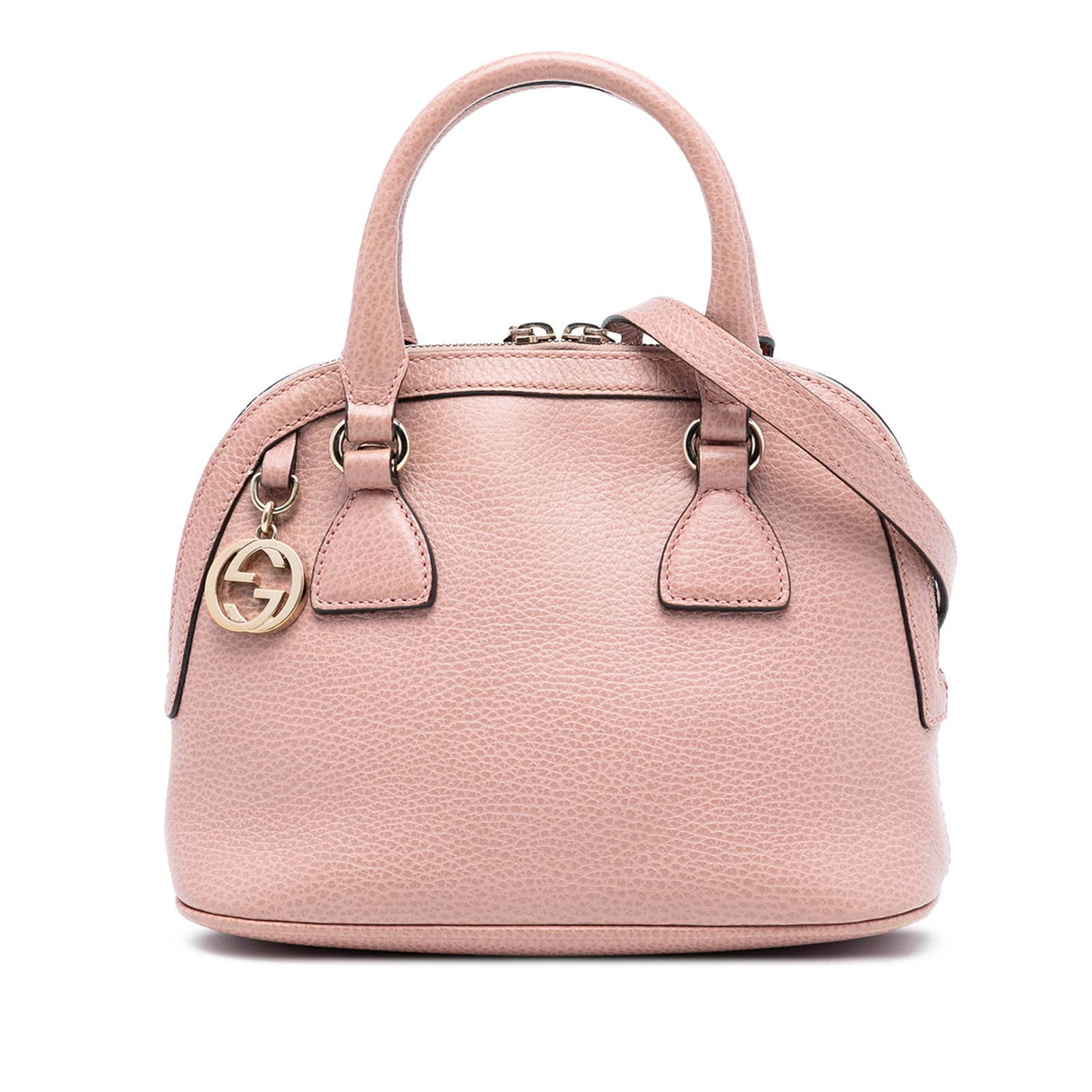 Gucci Pink Leather Dome Satchel Mini GG Charm: Gucci Pink Leather Dome Satchel Mini GG Charm This Gucci Mini Leather GG Charm Dome Satchel features a pink leather body with rolled leather handles and a detachable, adjustable flat leather shoulder 