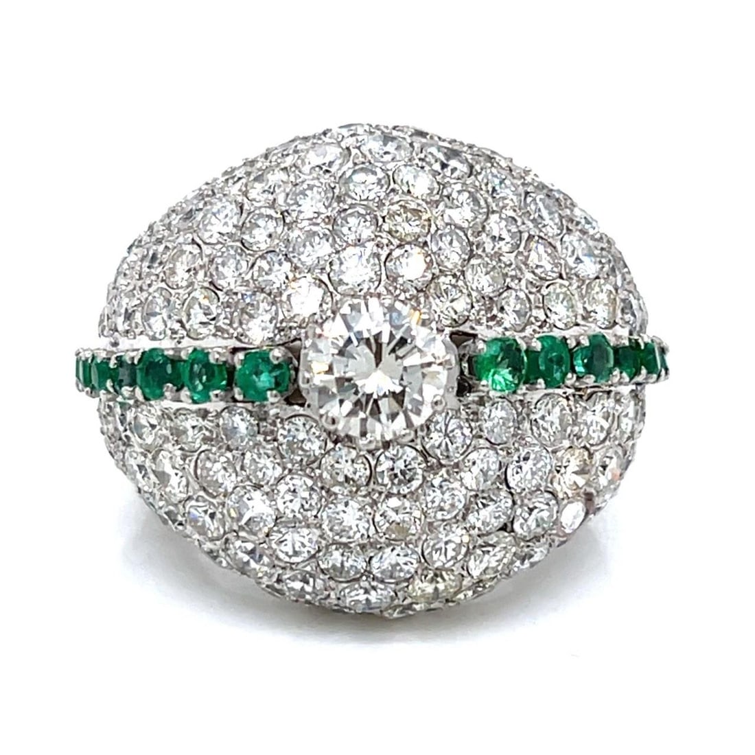 Paladium Diamond and Emerald Ring 11.00 Ct with 180 Diamonds: Paladium Diamond and Emerald Ring 11.00 Ct with 180 Diamonds This stunning Palladium ring showcases a remarkable 11.00 Ct. combination of diamonds and emeralds. At the center, it features an approxima