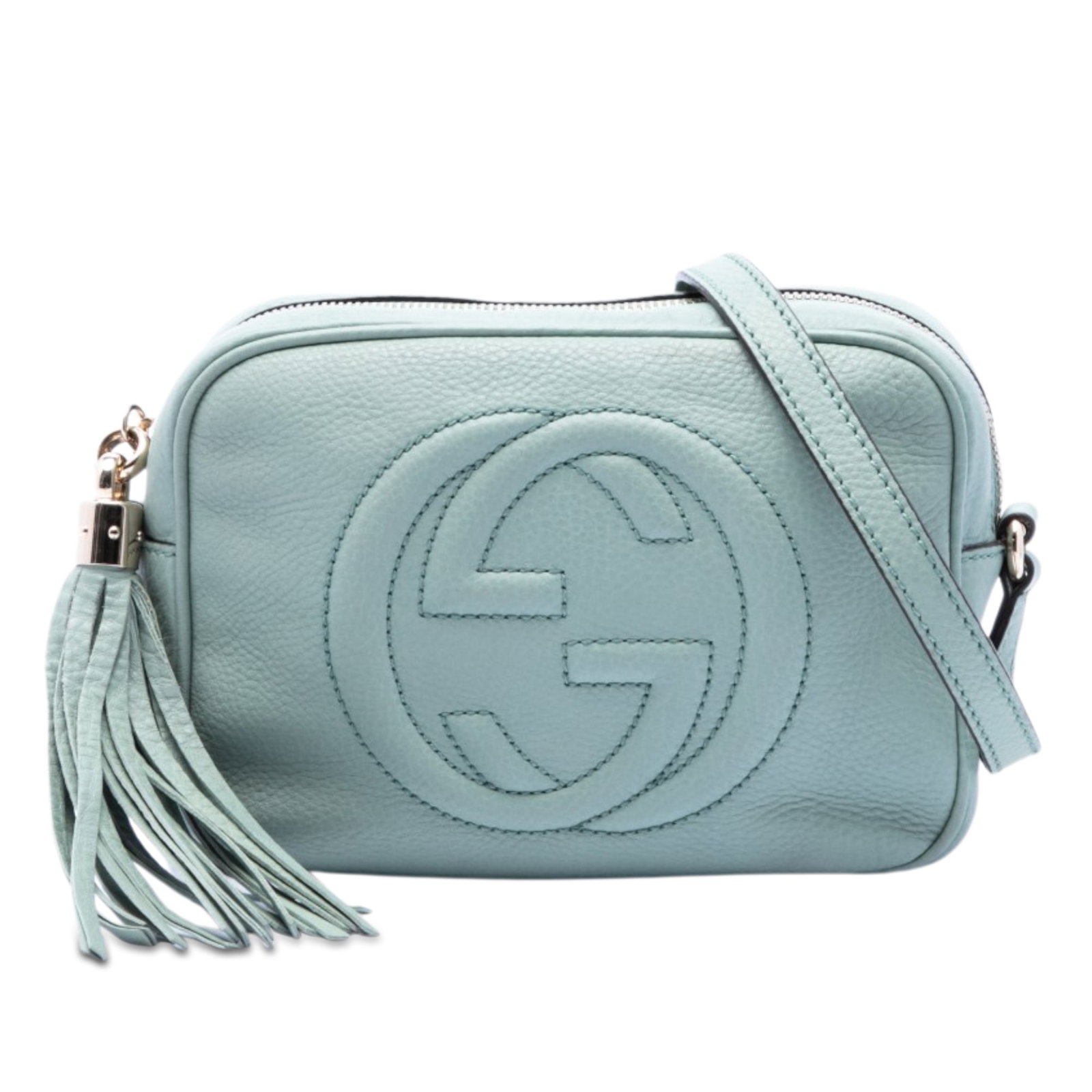 Blue Gucci Soho Disco leather crossbody bag: Blue Gucci Soho Disco leather crossbody bag This Gucci Leather Soho Disco Crossbody bag is crafted from blue leather and features an adjustable flat leather strap, a decorative tassel, a top zip closu