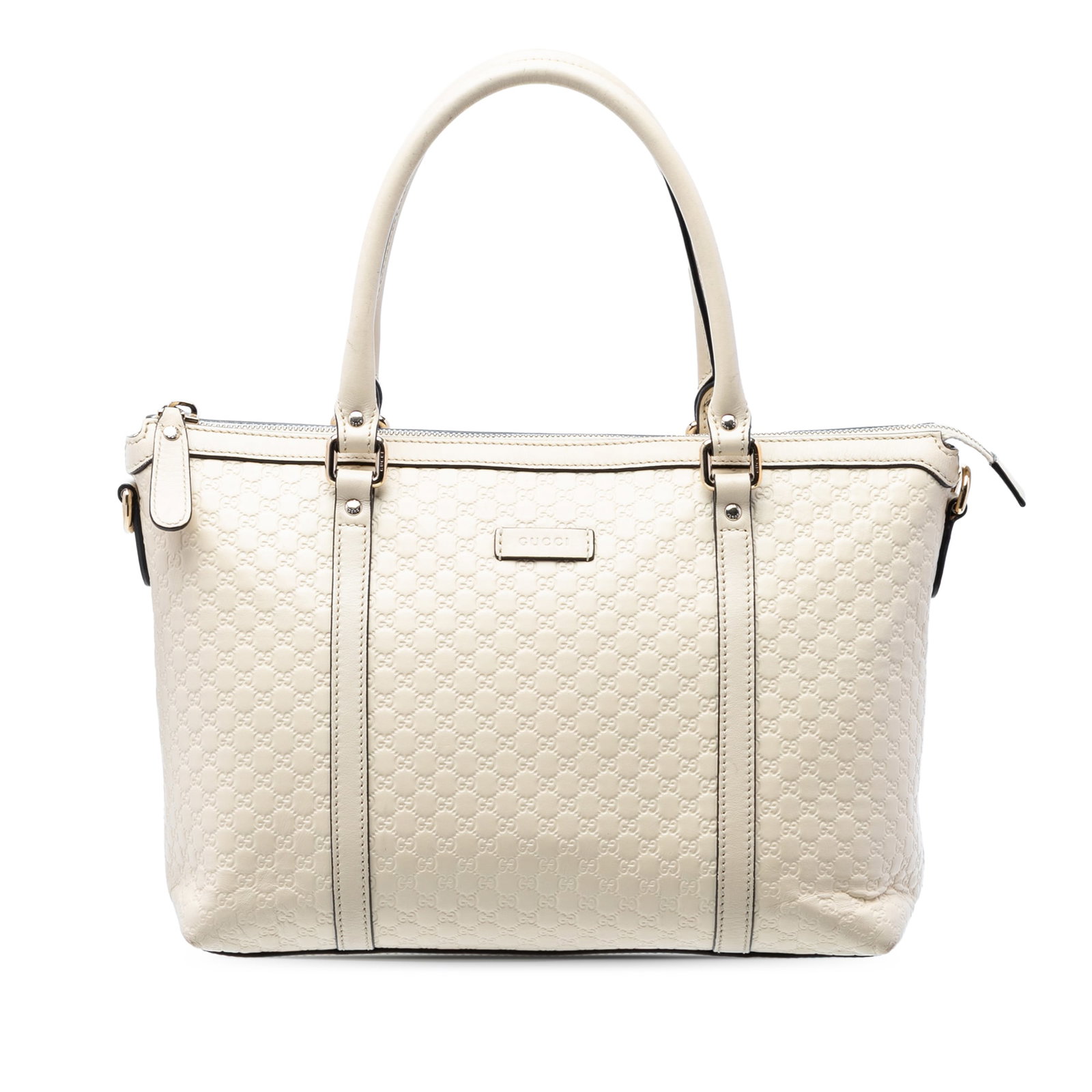 Gucci Microguccissima Joy white leather satchel: Gucci Microguccissima Joy white leather satchel This Gucci Small Microguccissima Joy Satchel is crafted from embossed leather in white and features rolled leather handles, a top zip closure, and inter
